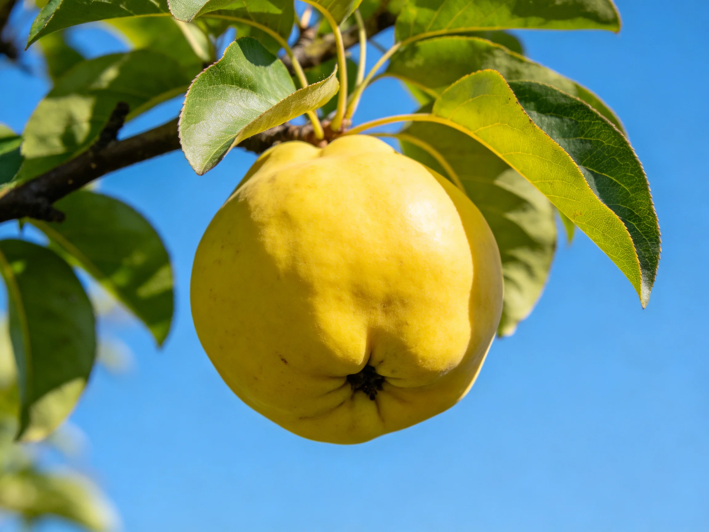 A single golden-yellow quince hangs from a tree branch