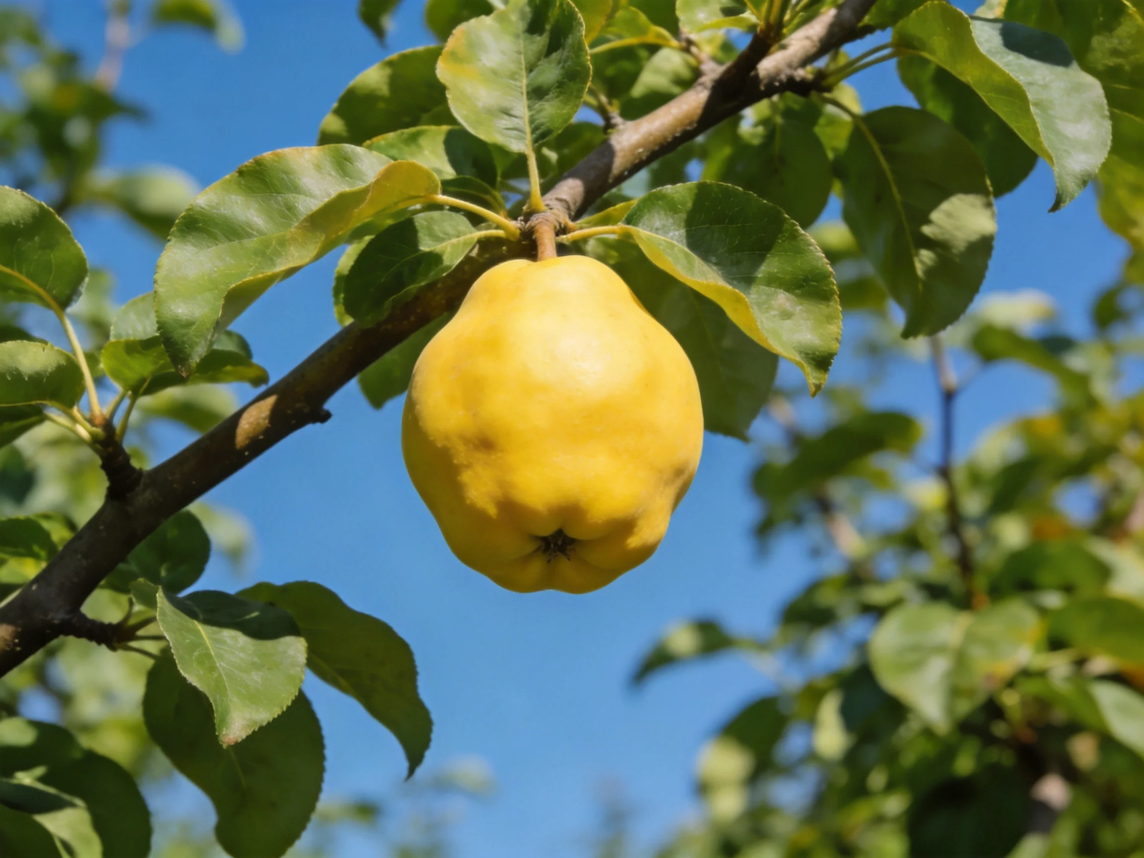 A single golden-yellow quince hangs from a tree branch amid green foliage