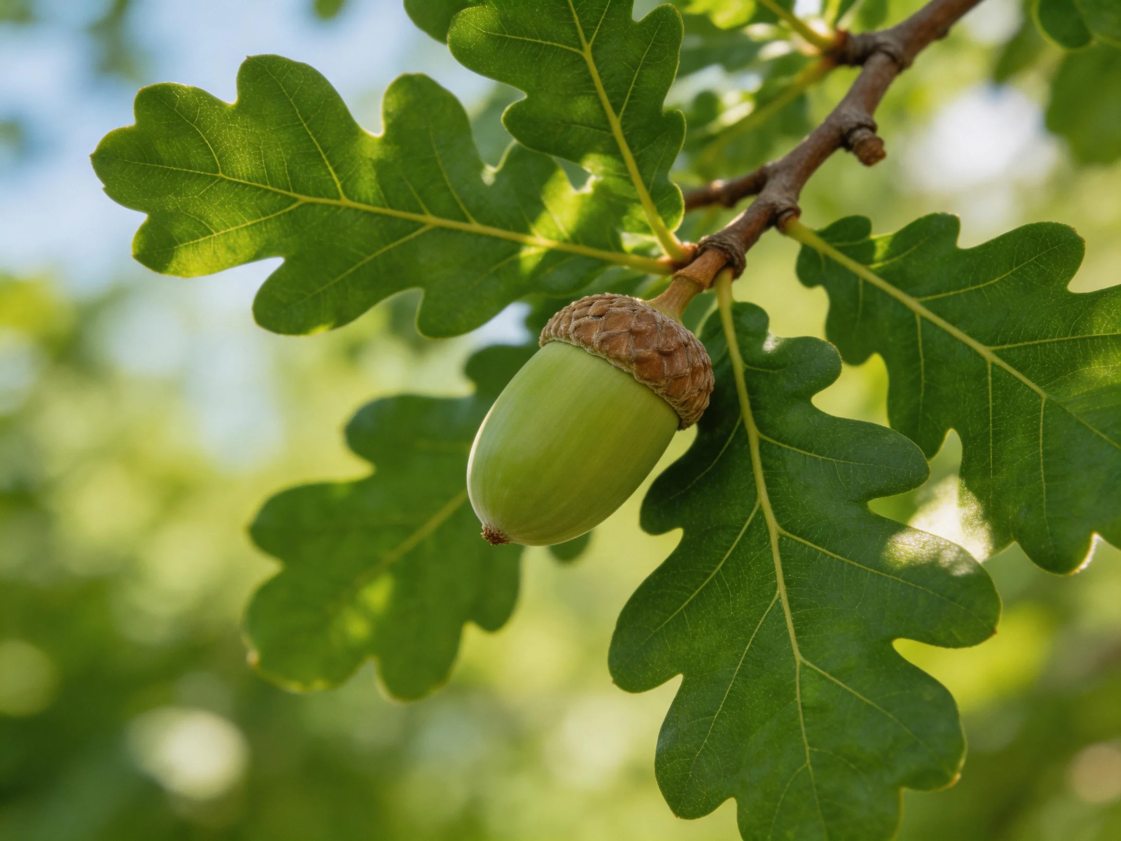 A single green acorn hangs from an oak branch with large lobed leaves