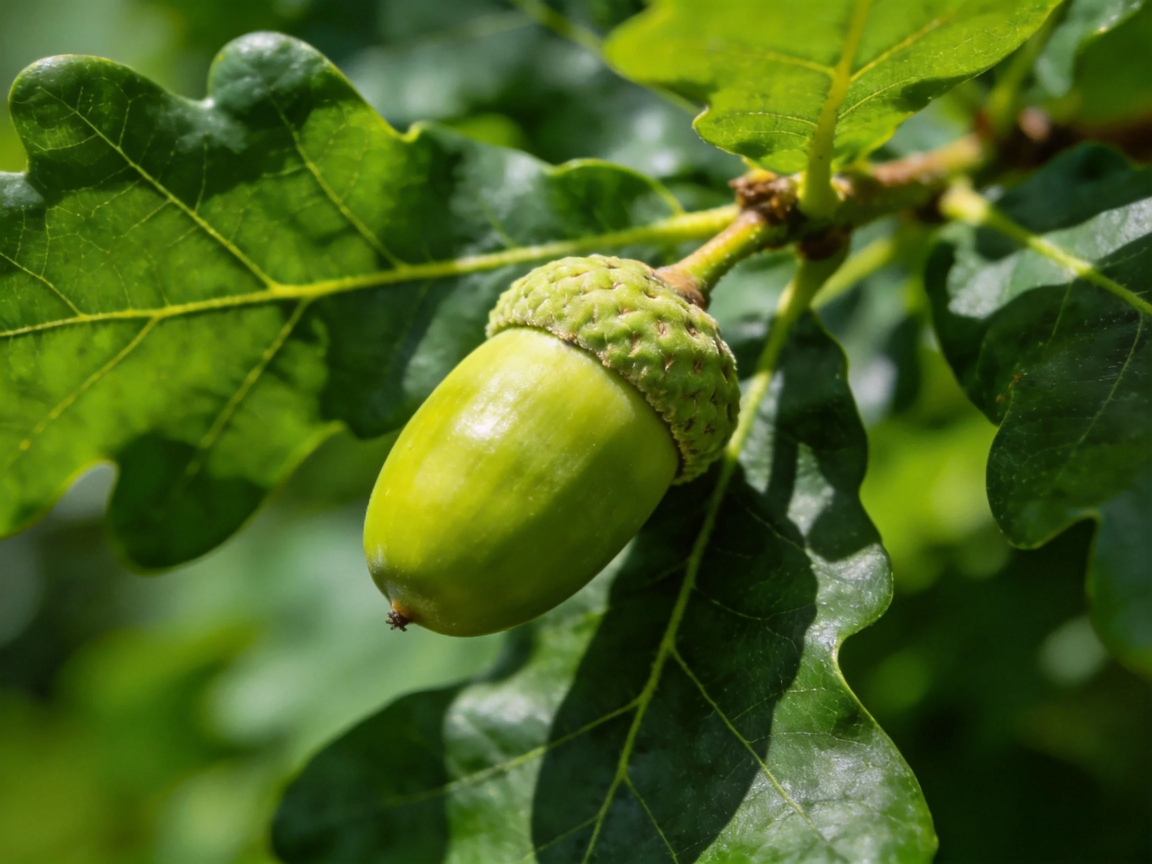 A single green acorn on a branch with large oak leaves