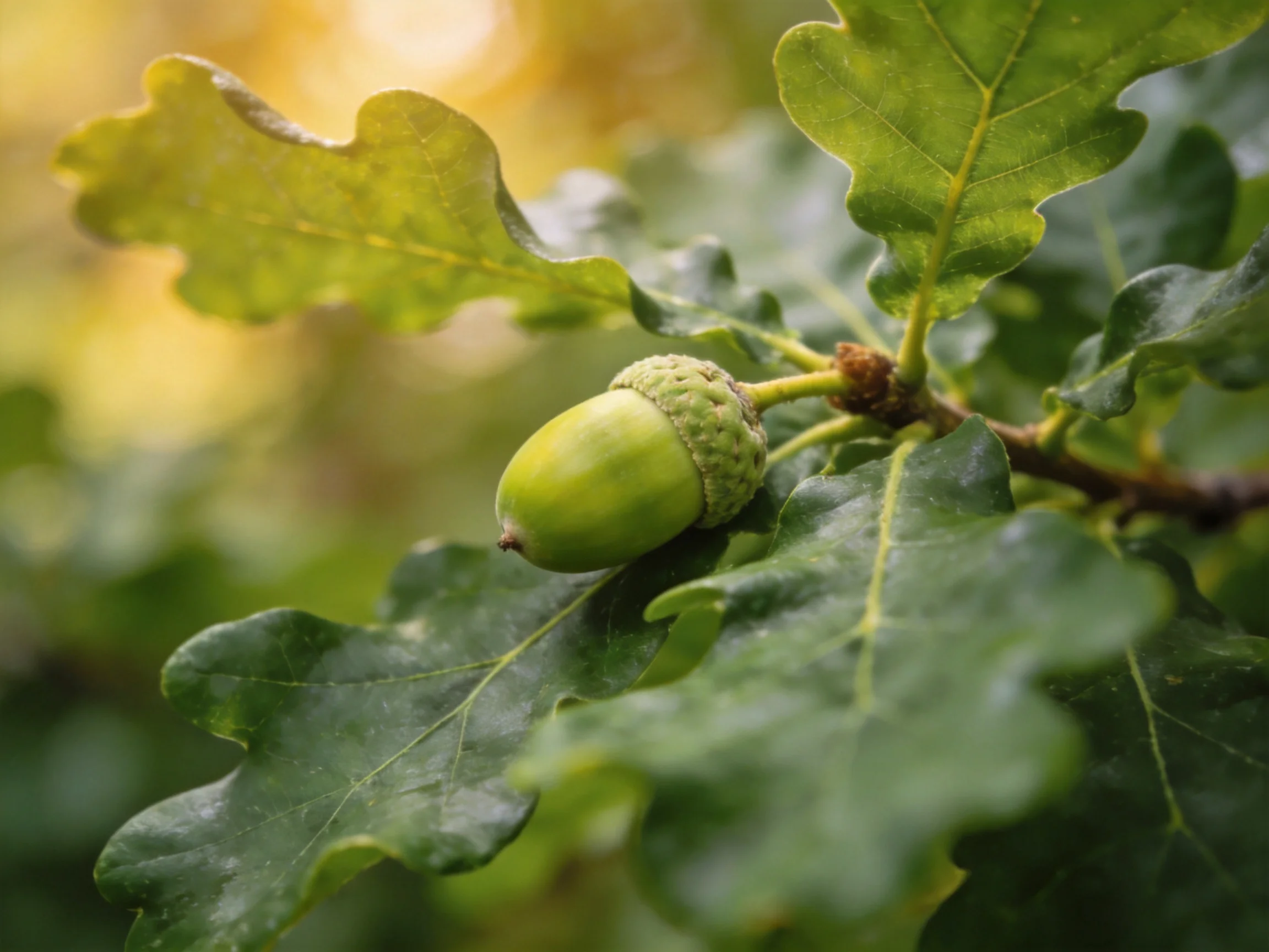 A single green acorn rests among large oak leaves in soft light