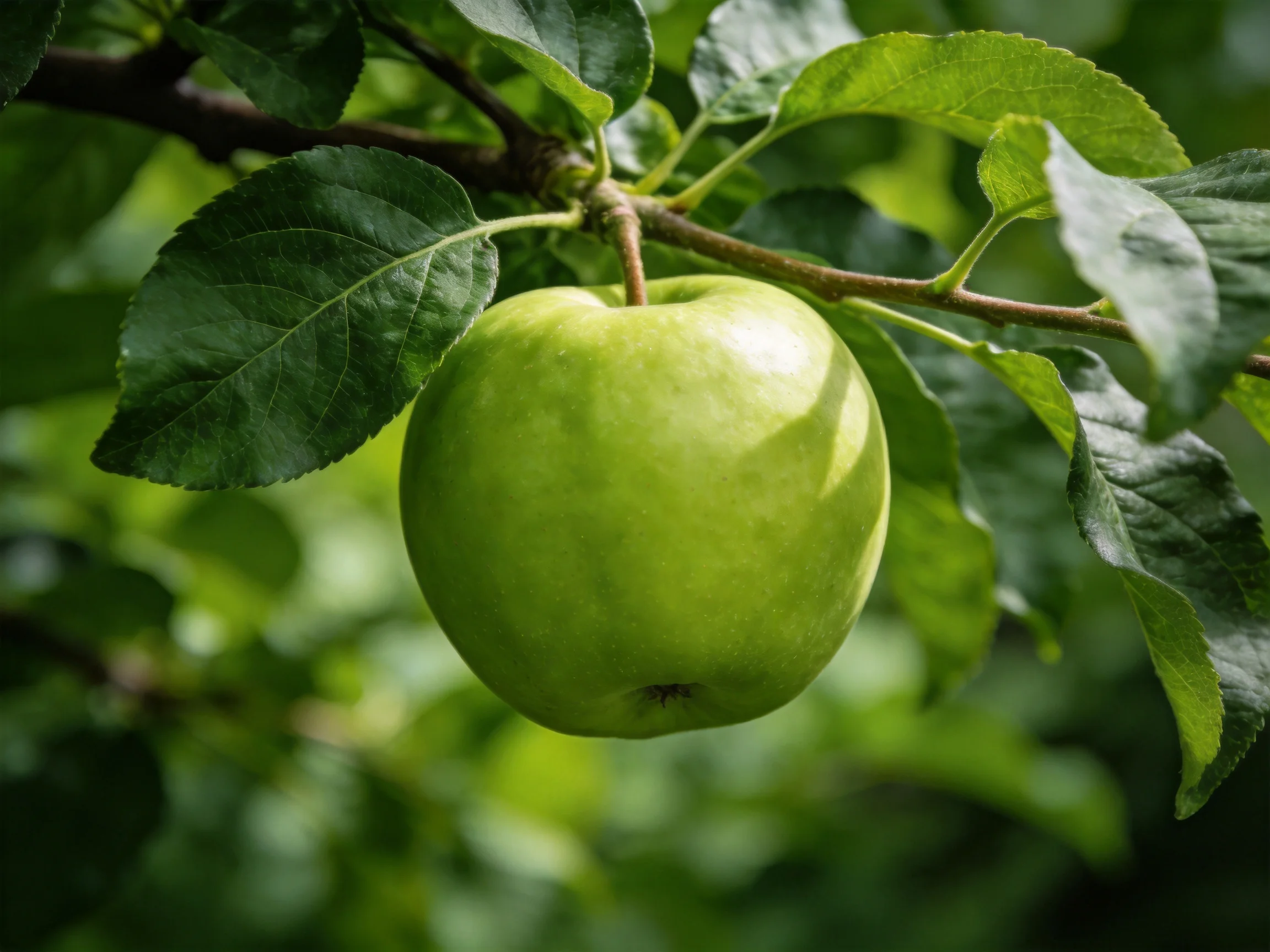 A single green apple hangs from a branch amid lush foliage