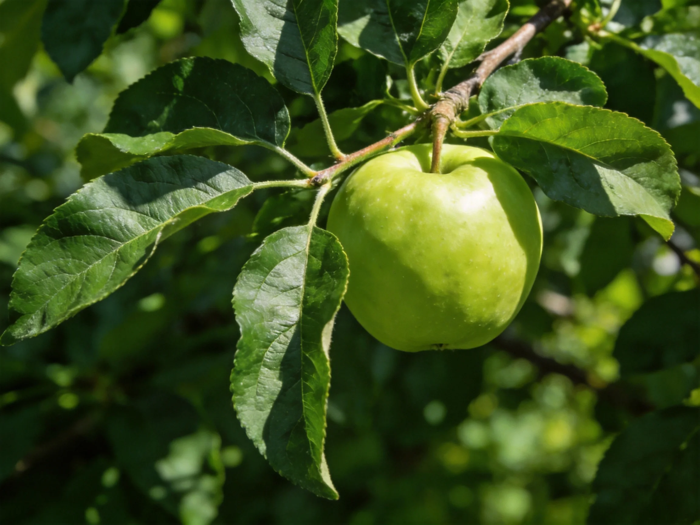 A single green apple hangs from a branch among lush leaves
