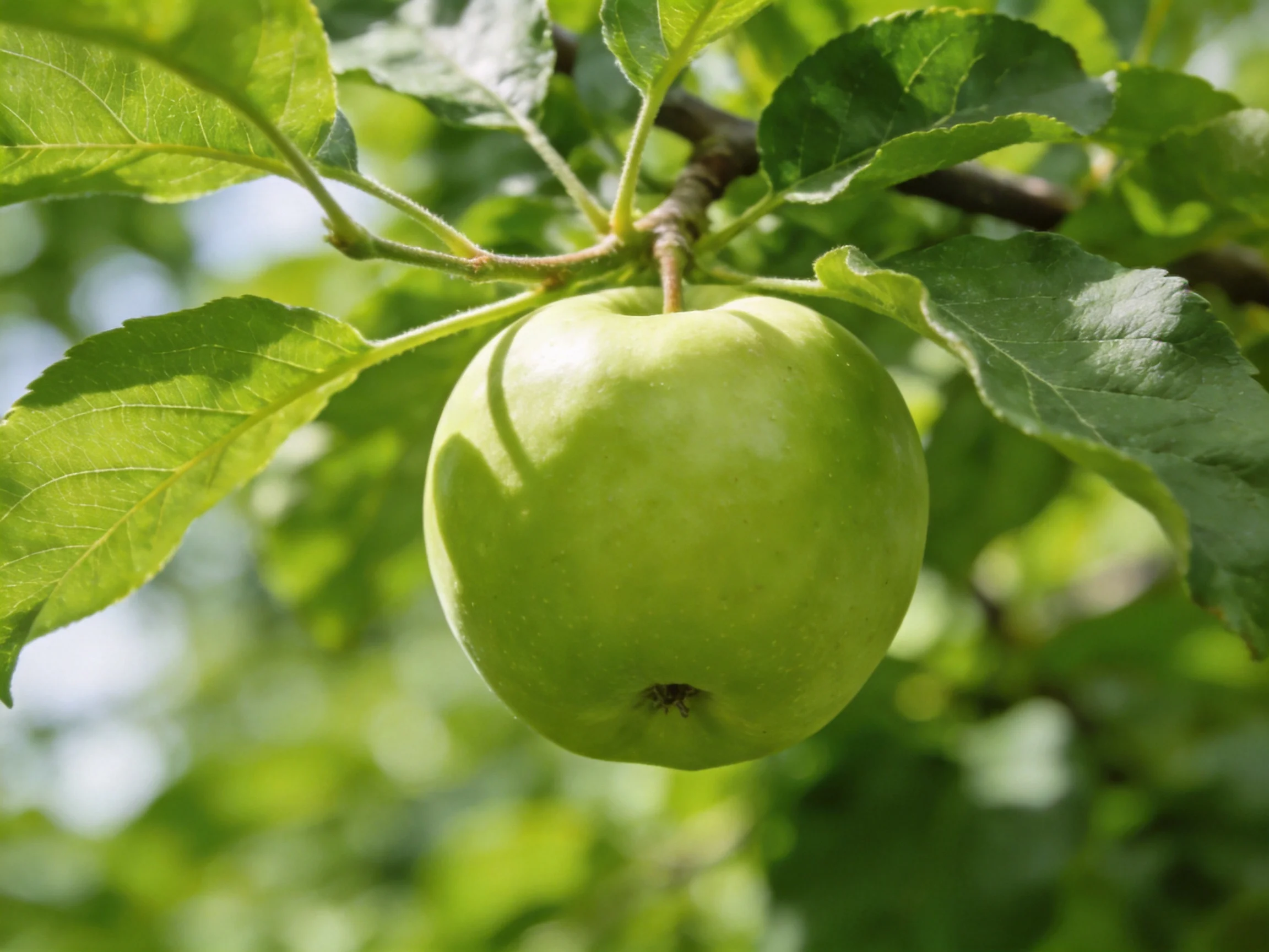 A single green apple hangs from a leafy apple tree branch