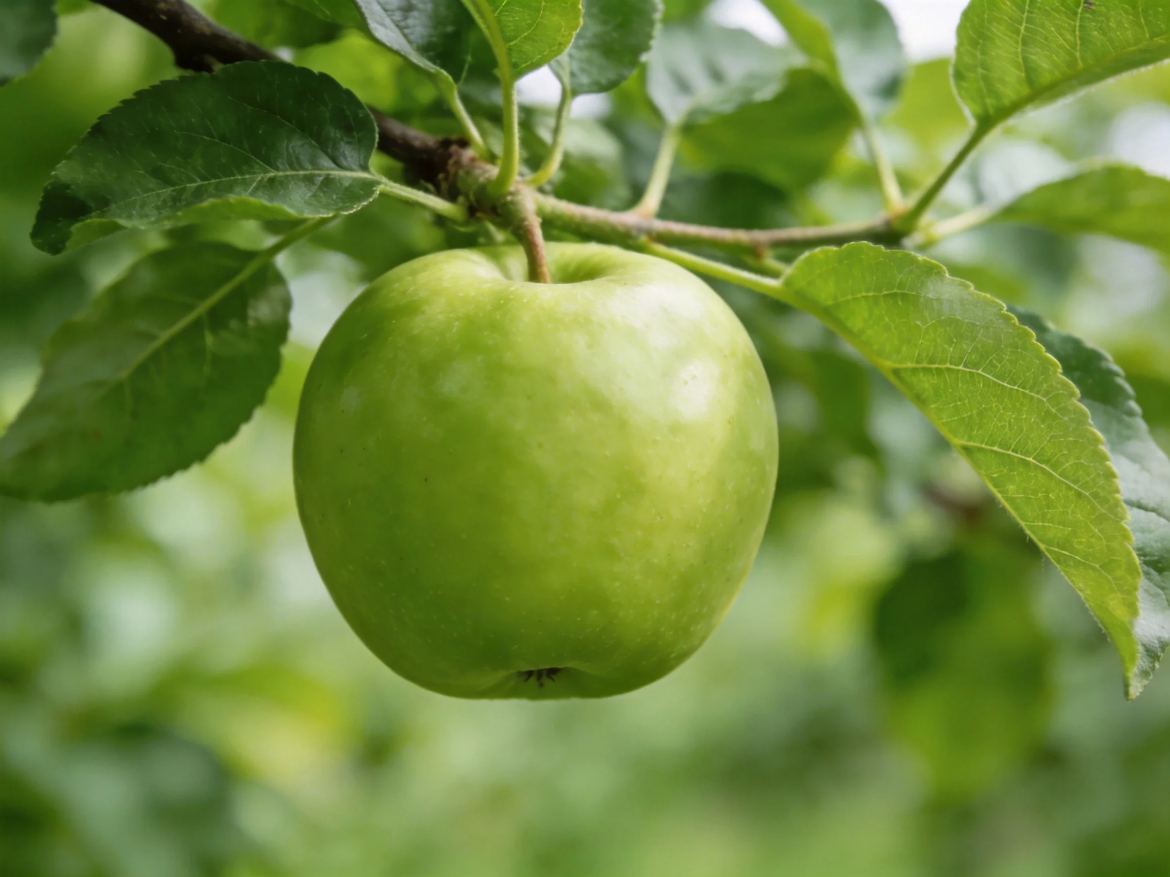 A single green apple hangs from a leafy tree branch