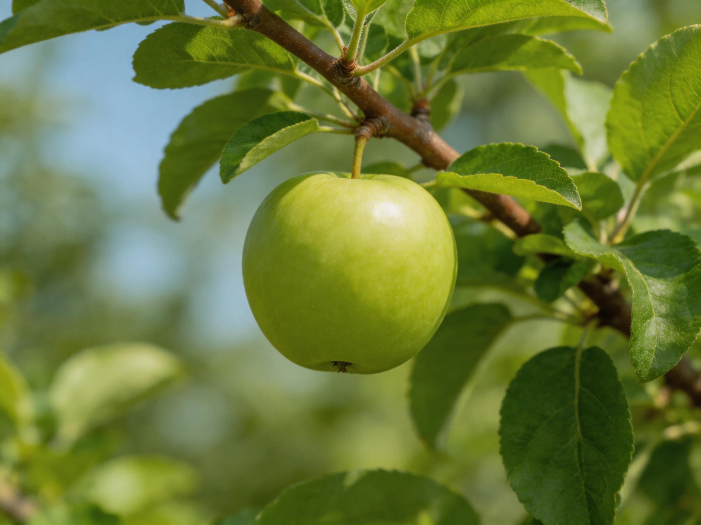 A single green apple hangs from a tree branch amid lush foliage