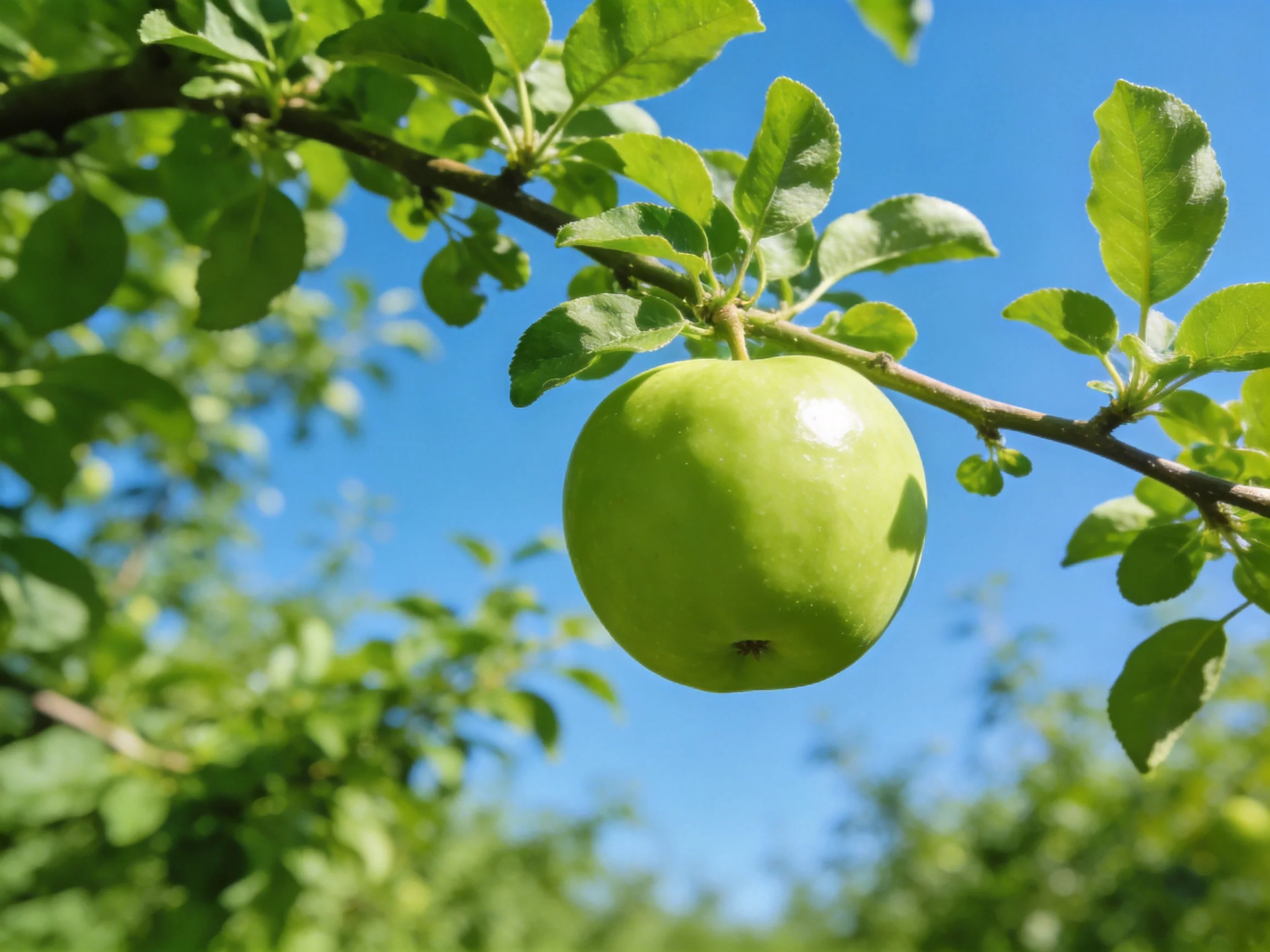 A single green apple hangs from a tree branch under a clear blue sky