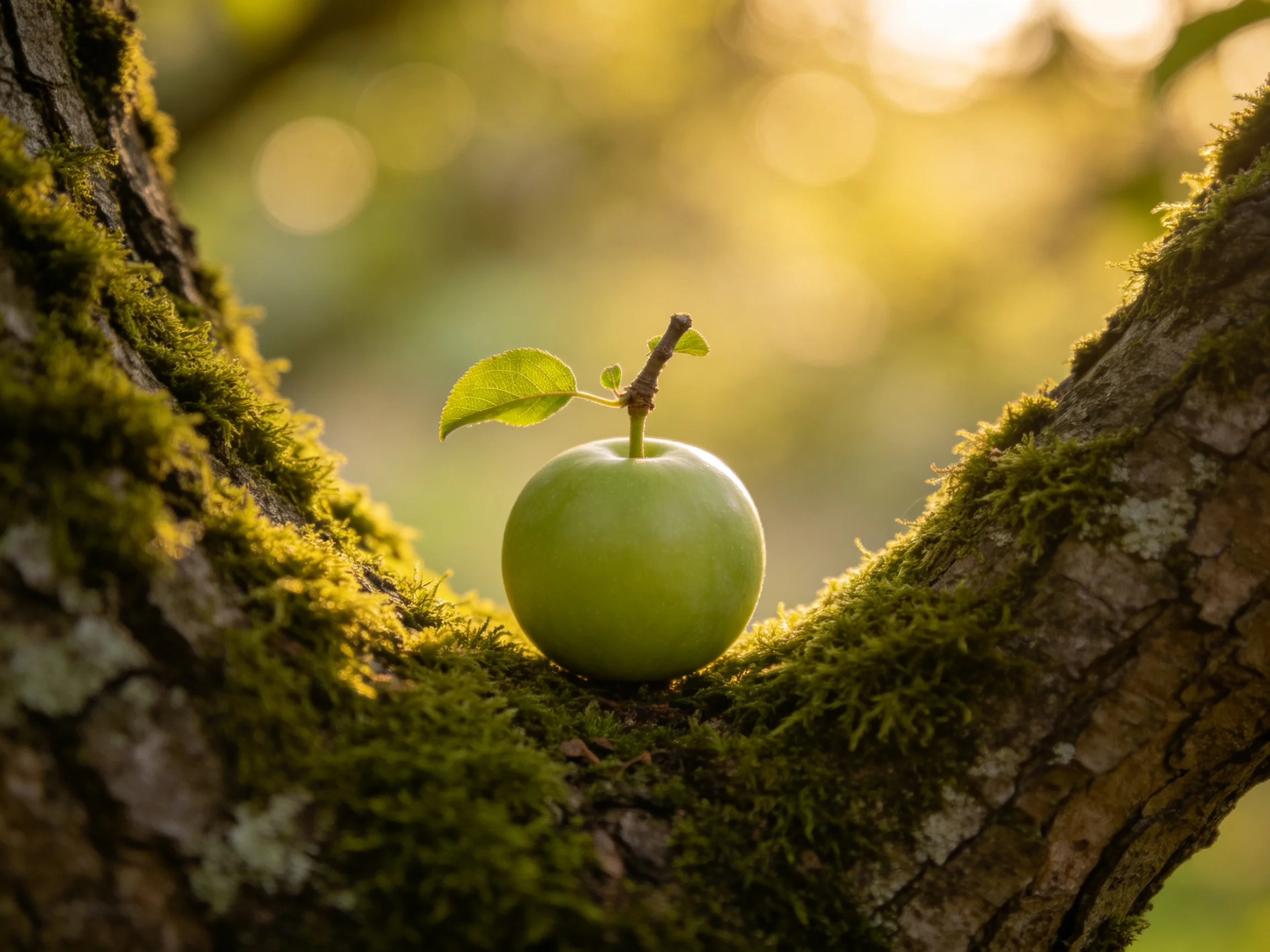 A single green apple on mossy tree branches in golden sunlight