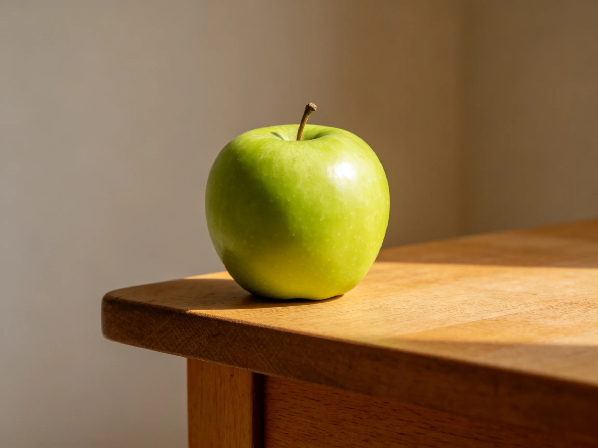 A single green apple rests on a polished wooden table with soft lighting