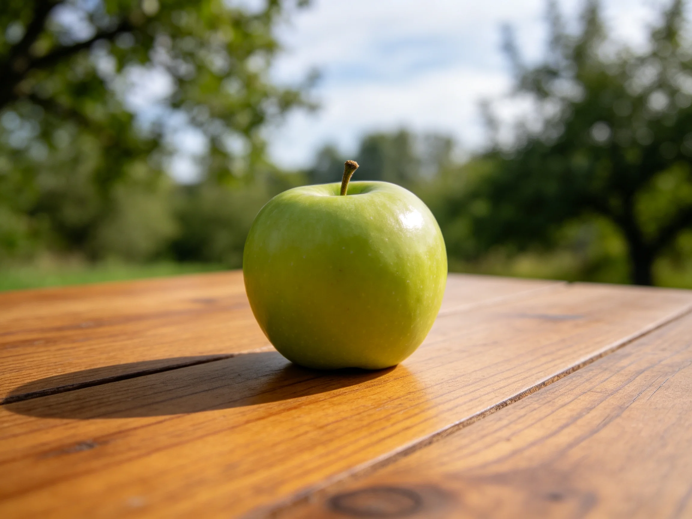 A single green apple sits on a polished wooden table in a sun-drenched outdoor setting