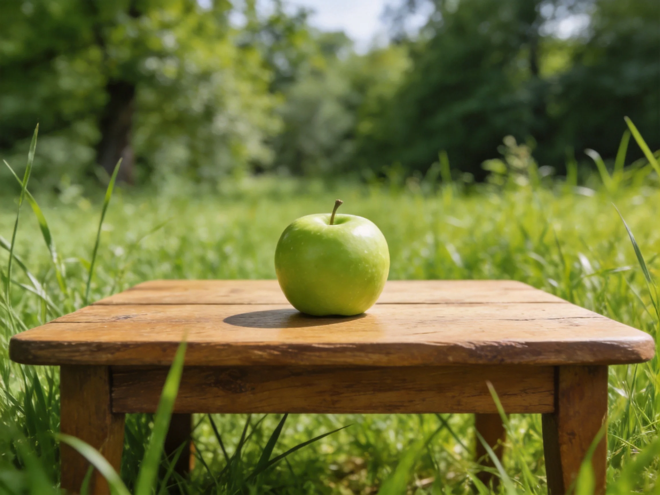 A single green apple sits on a weathered wooden table in a sunlit meadow
