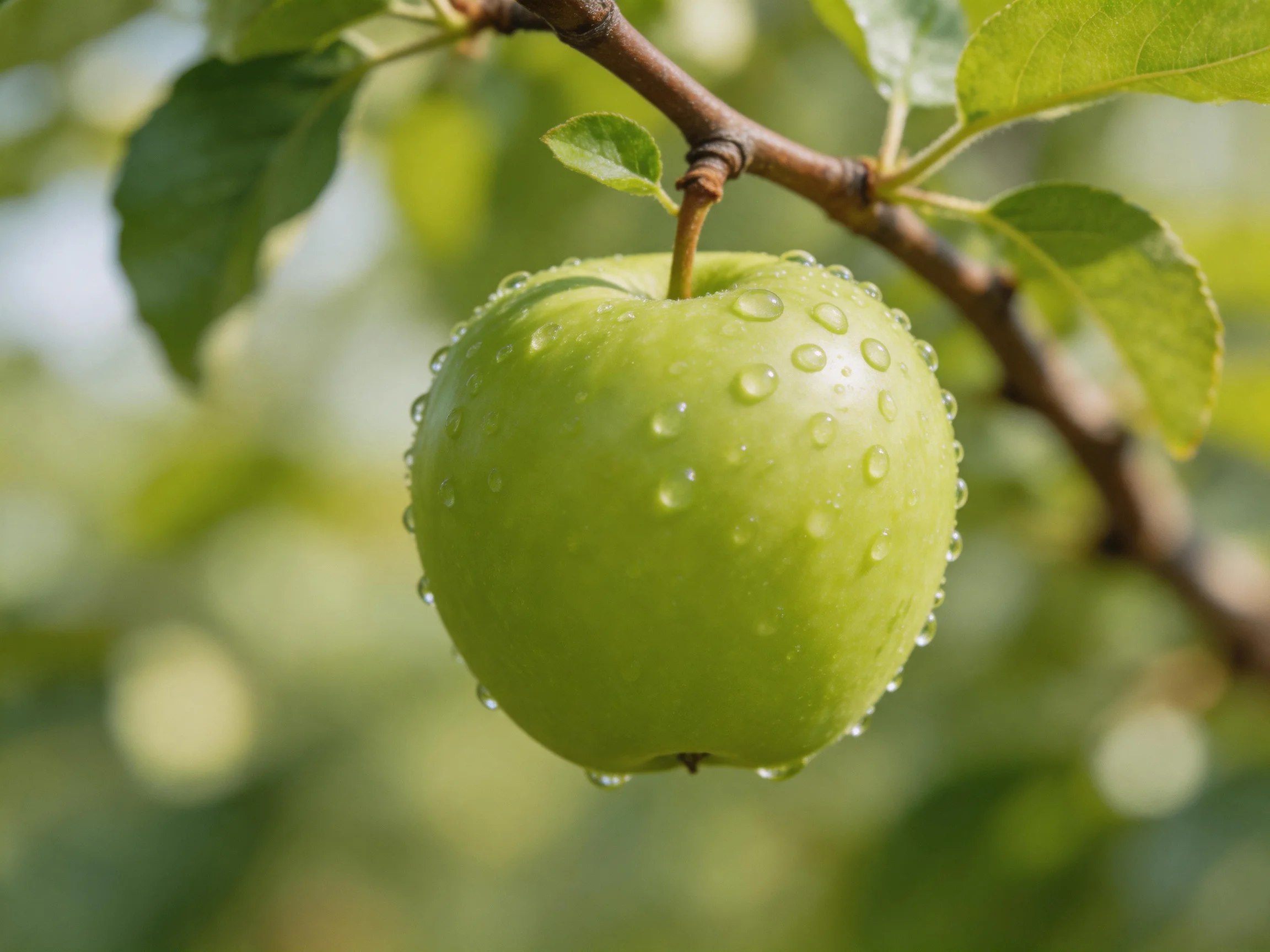 A single green apple with water droplets on a tree branch