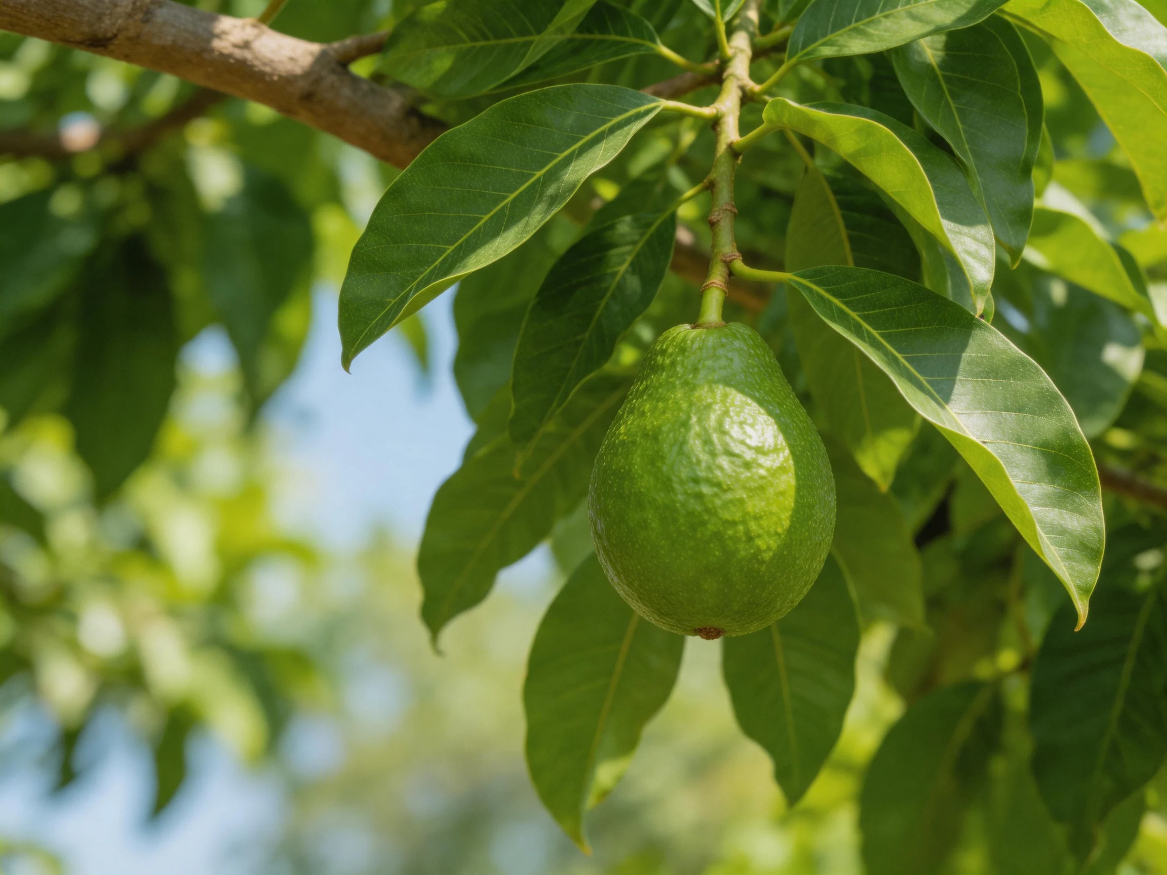 A single green avocado hangs among lush green leaves on a tree