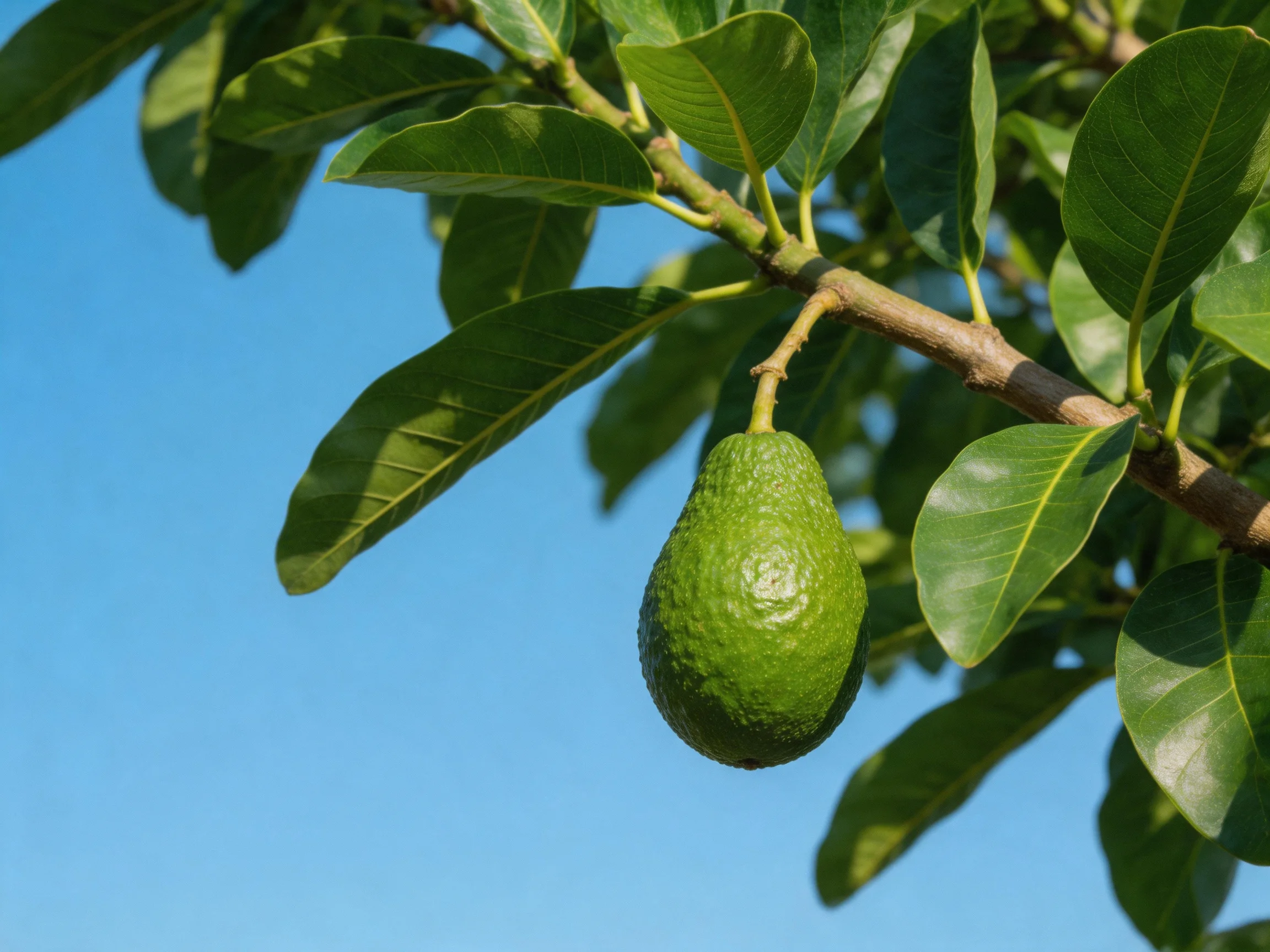 A single green avocado hangs from a leafy branch against a clear blue sky