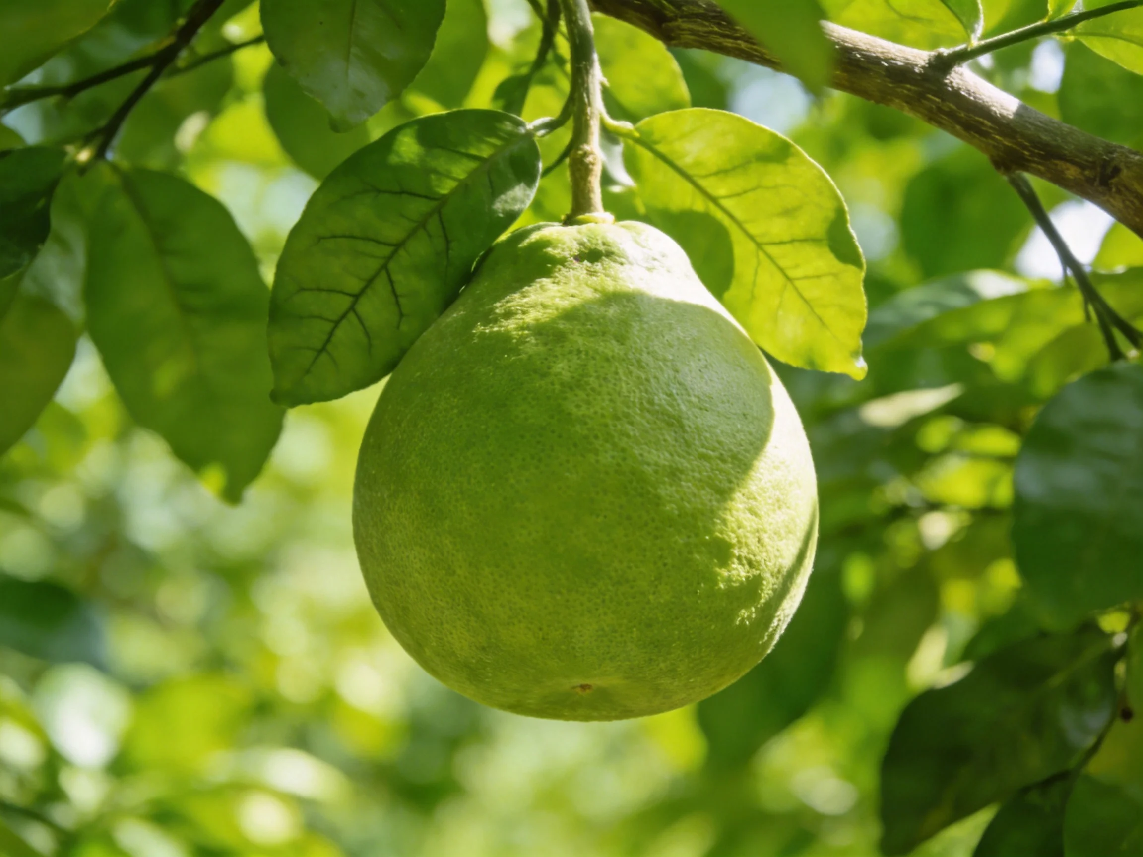 A single green citrus fruit hangs among lush foliage on a tree branch