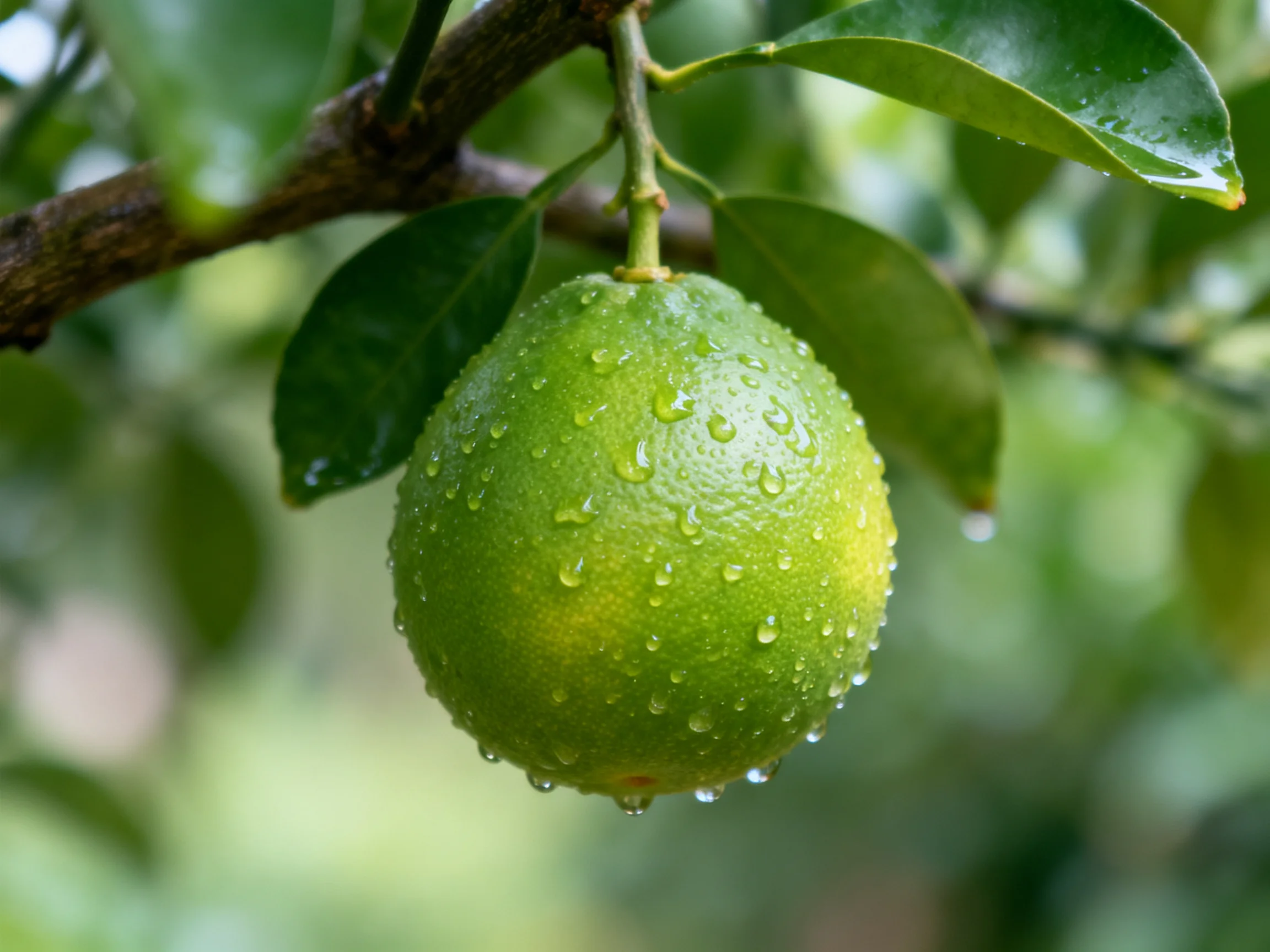 A single green citrus fruit with water droplets on a tree branch
