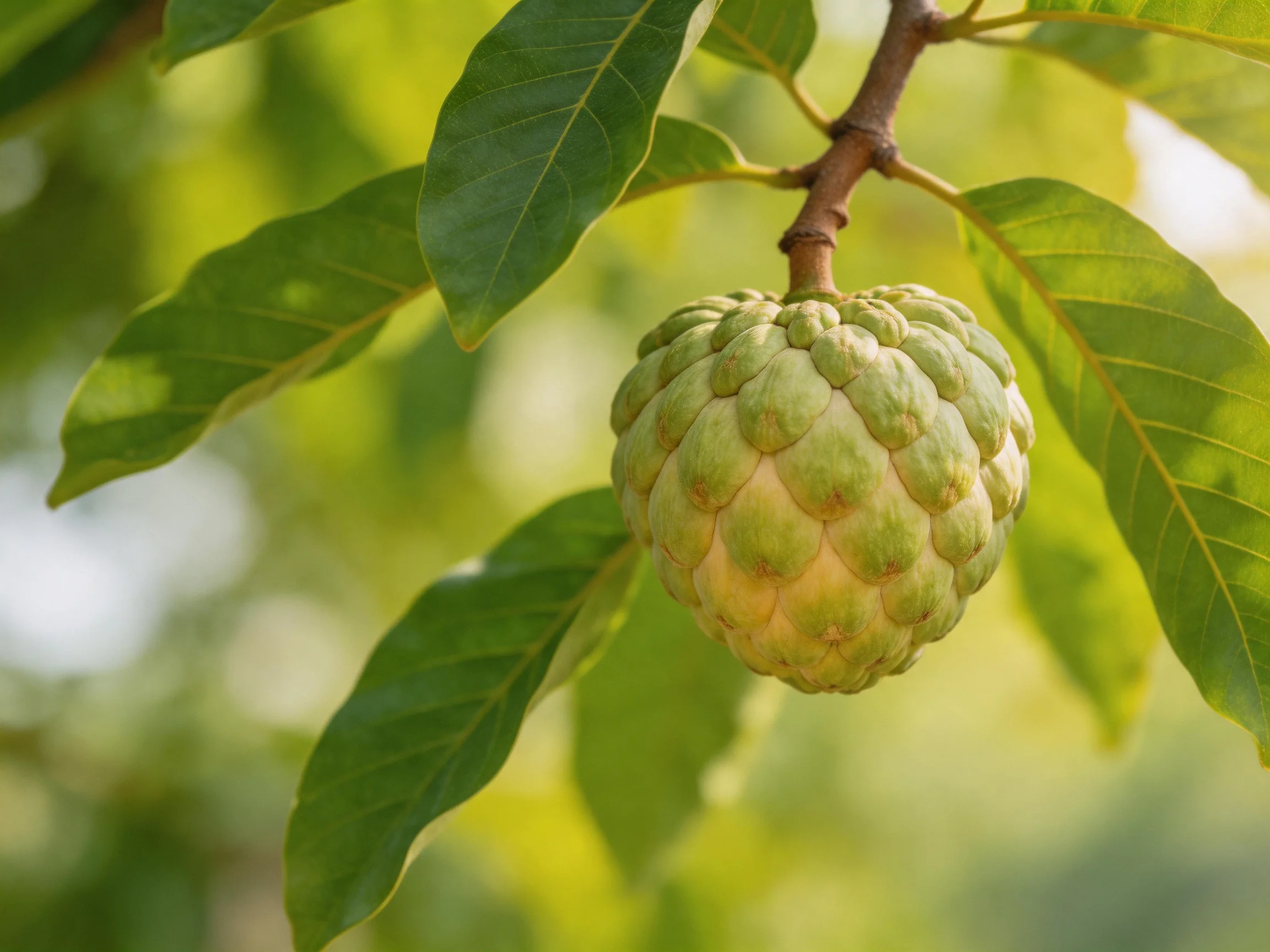 A single green custard apple hangs amid broad, glossy leaves