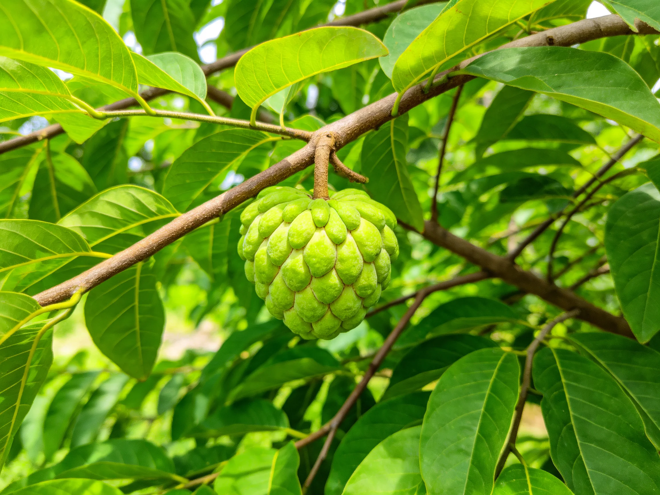 A single green custard apple hangs amid lush green leaves
