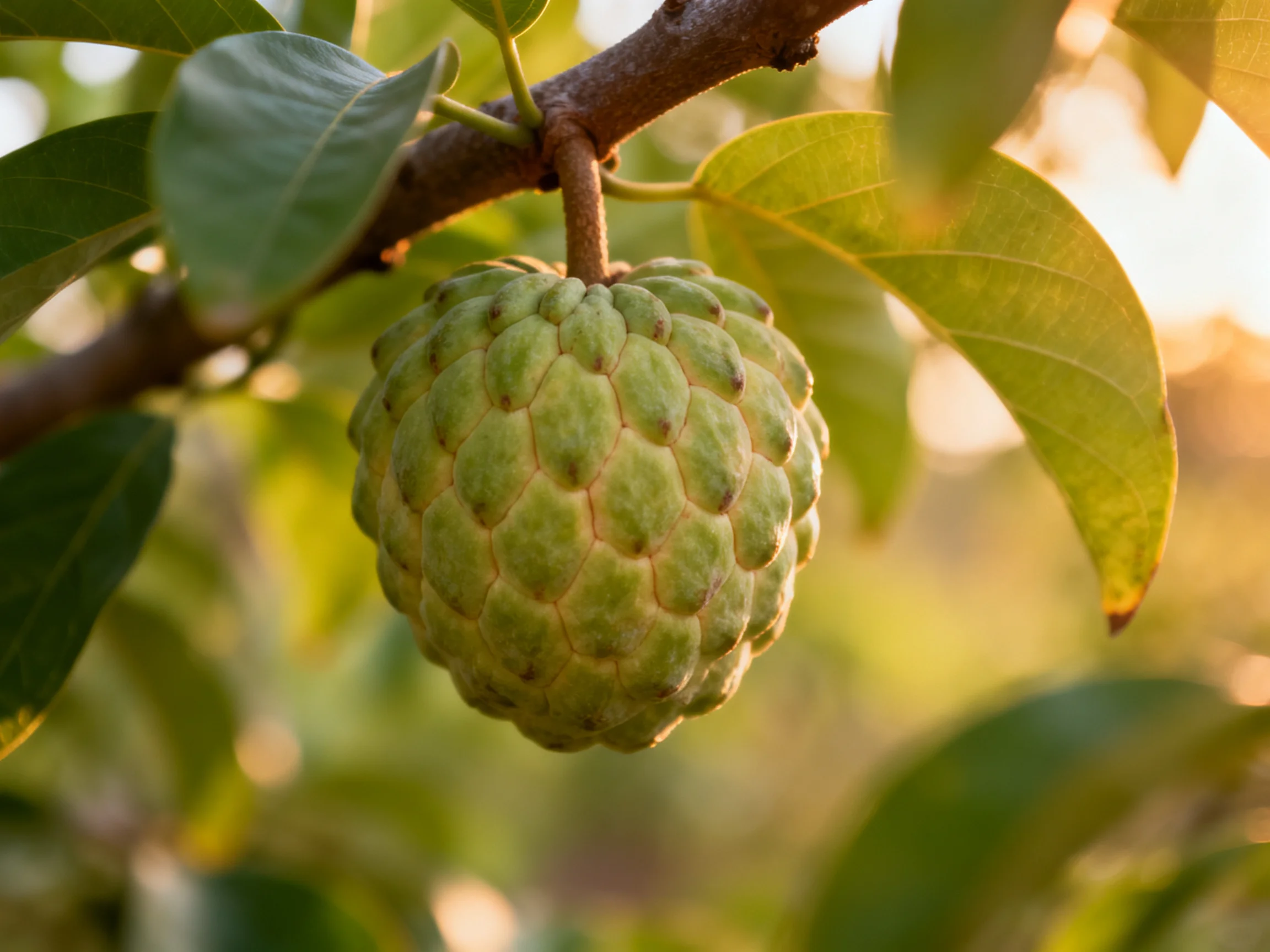 A single green custard apple hangs from a tree branch amid broad leaves