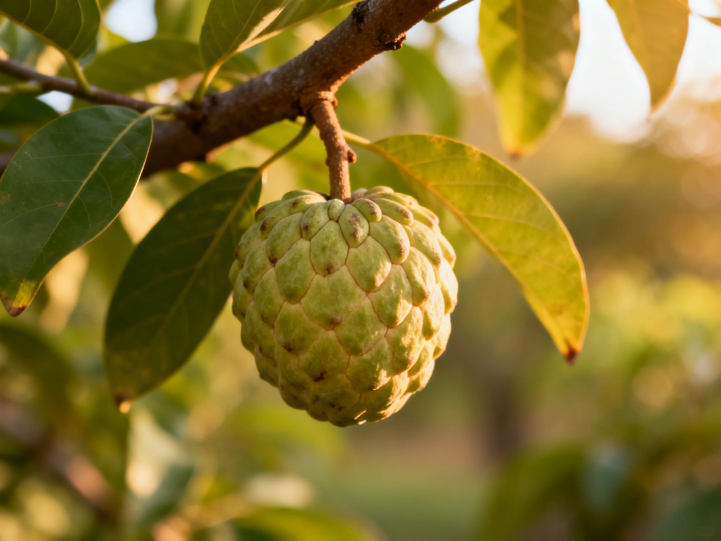 A single green custard apple hangs from a tree branch amid broad leaves.