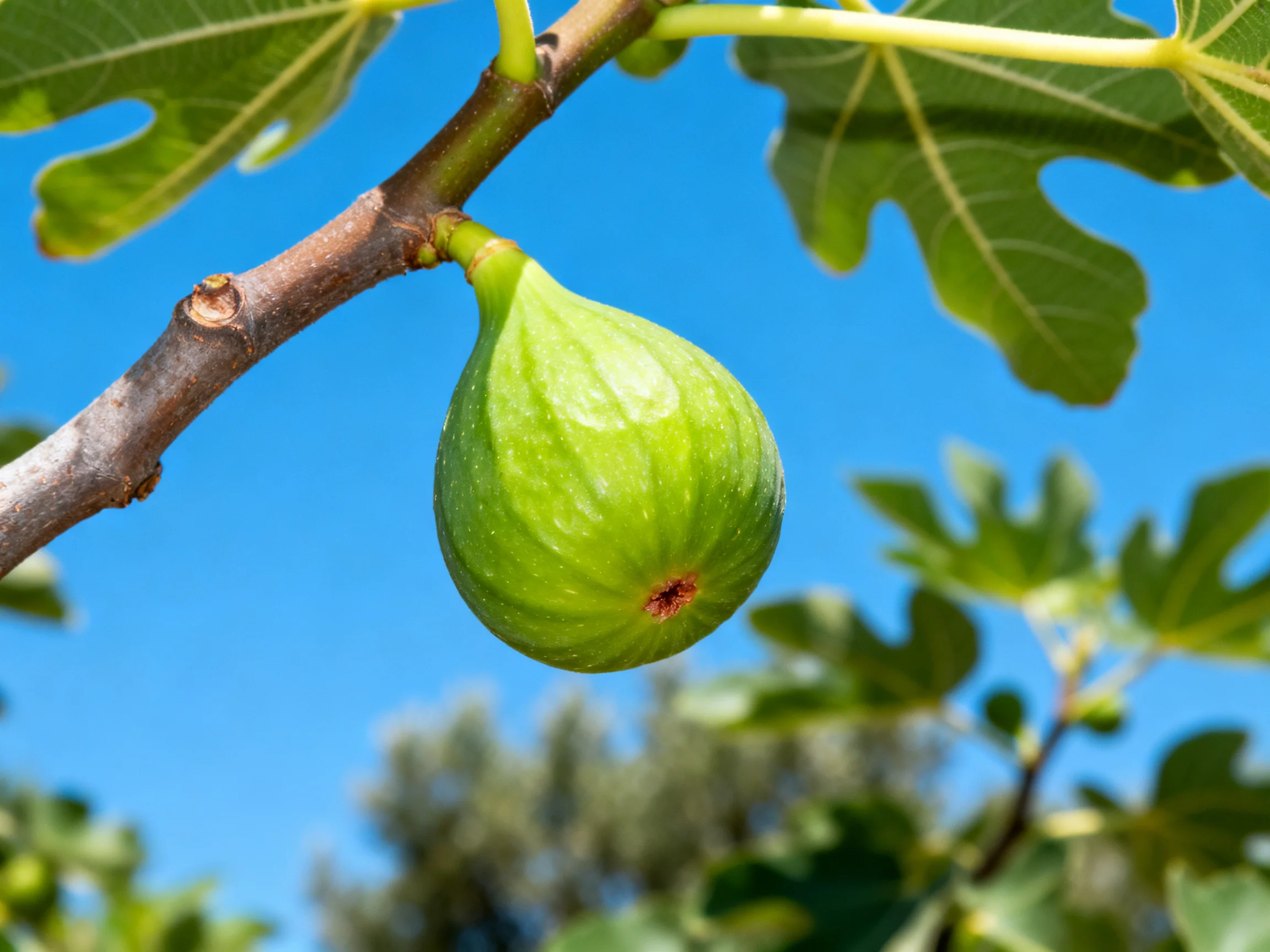 A single green fig hangs from abrown tree branch under a clear blue sky