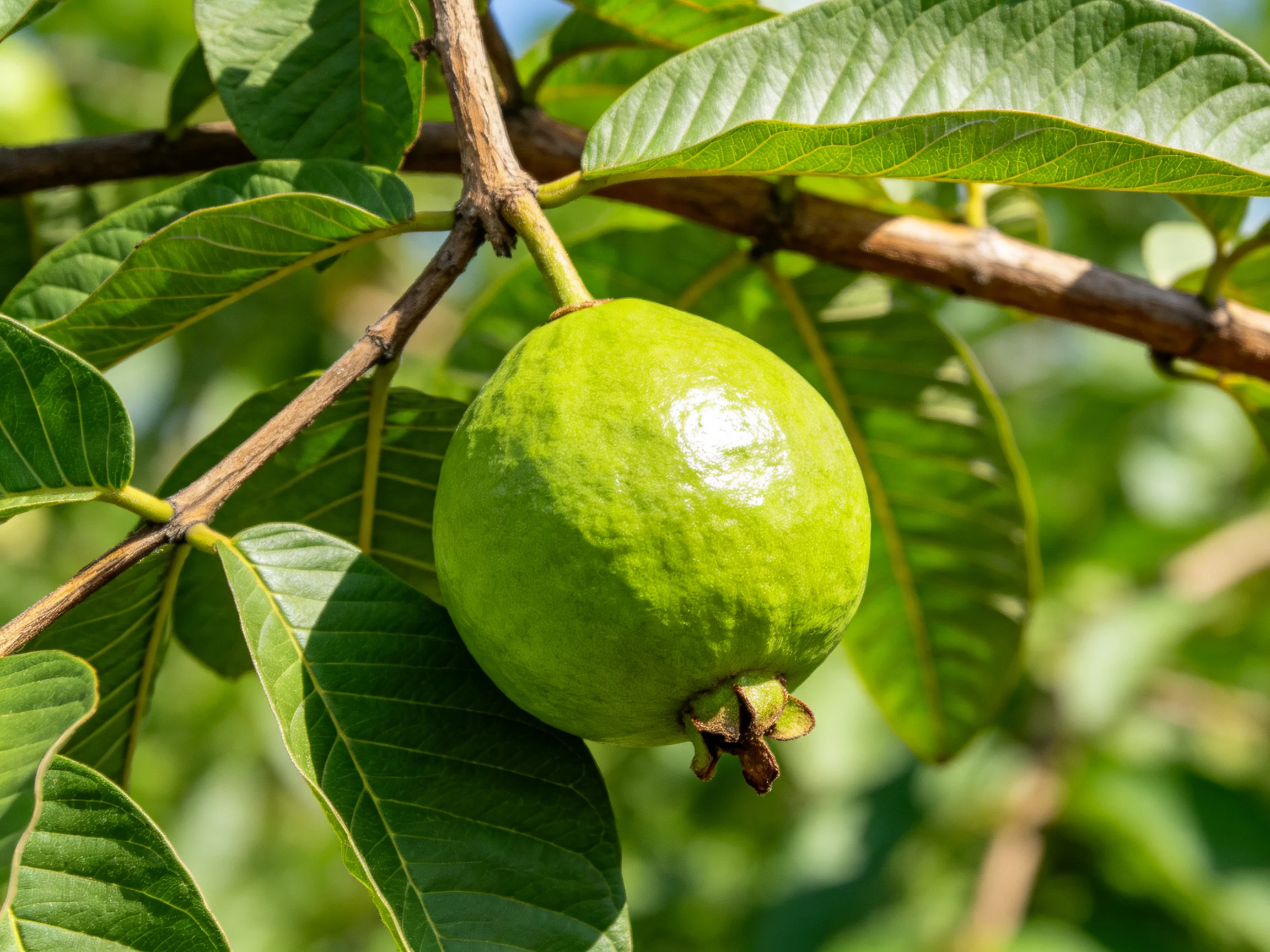 A single green guava grows on a tree branch amid large leaves