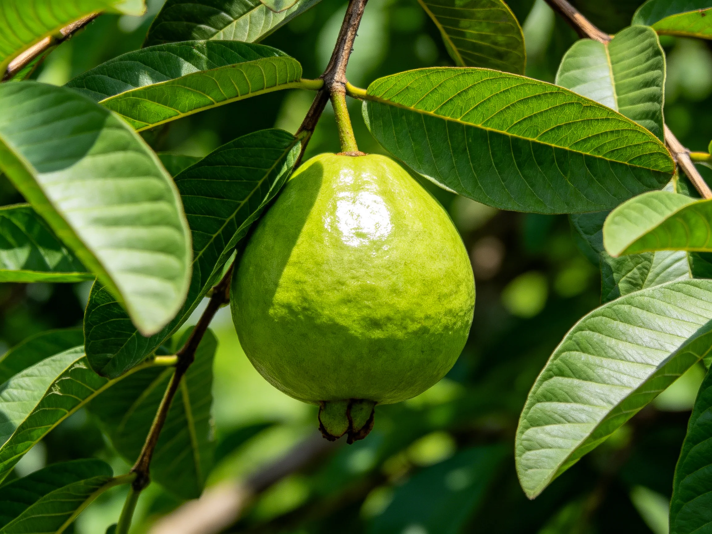 A single green guava hangs among broad, glossy leaves