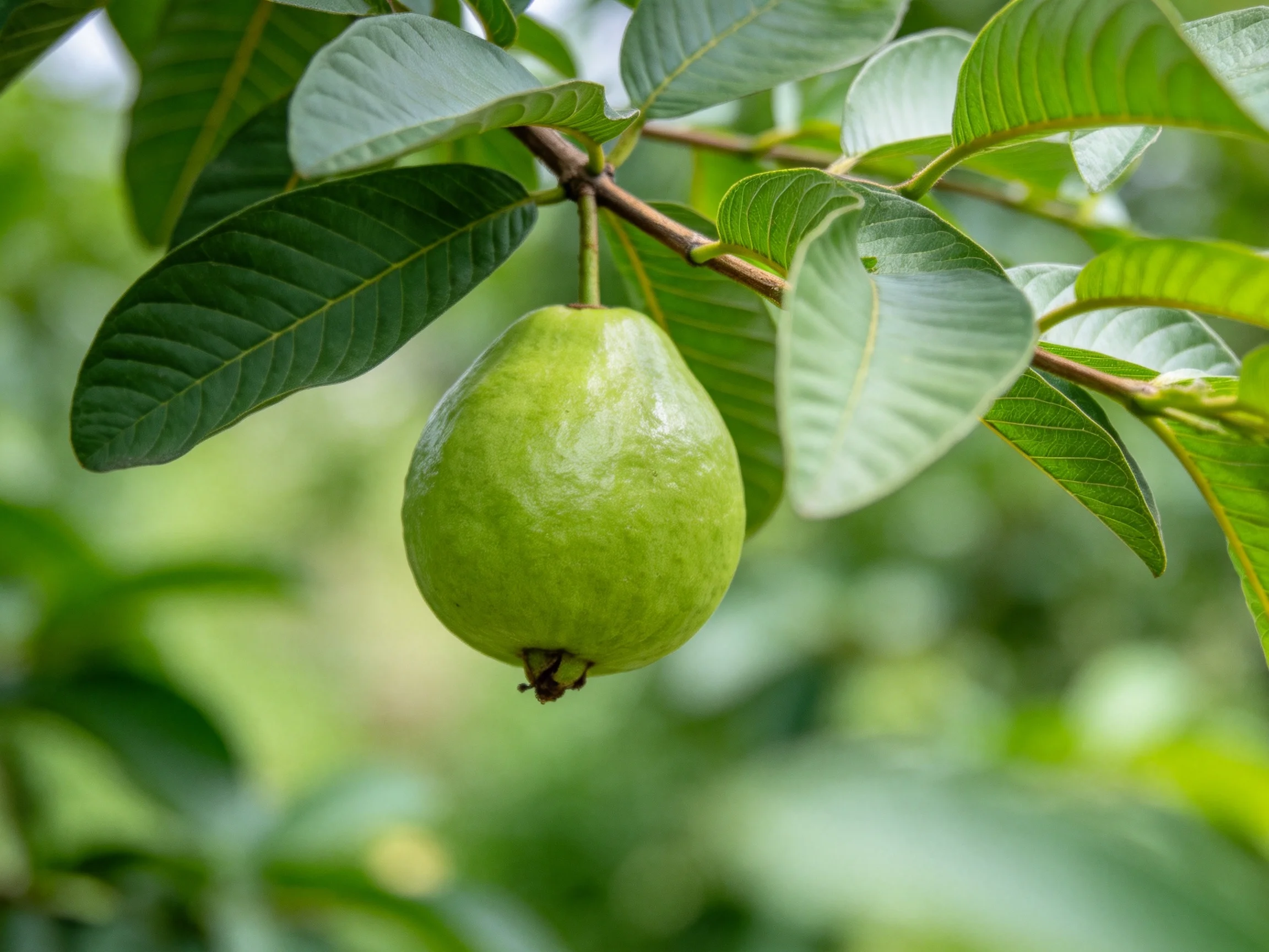 A single green guava hangs from a branch amid lush foliage