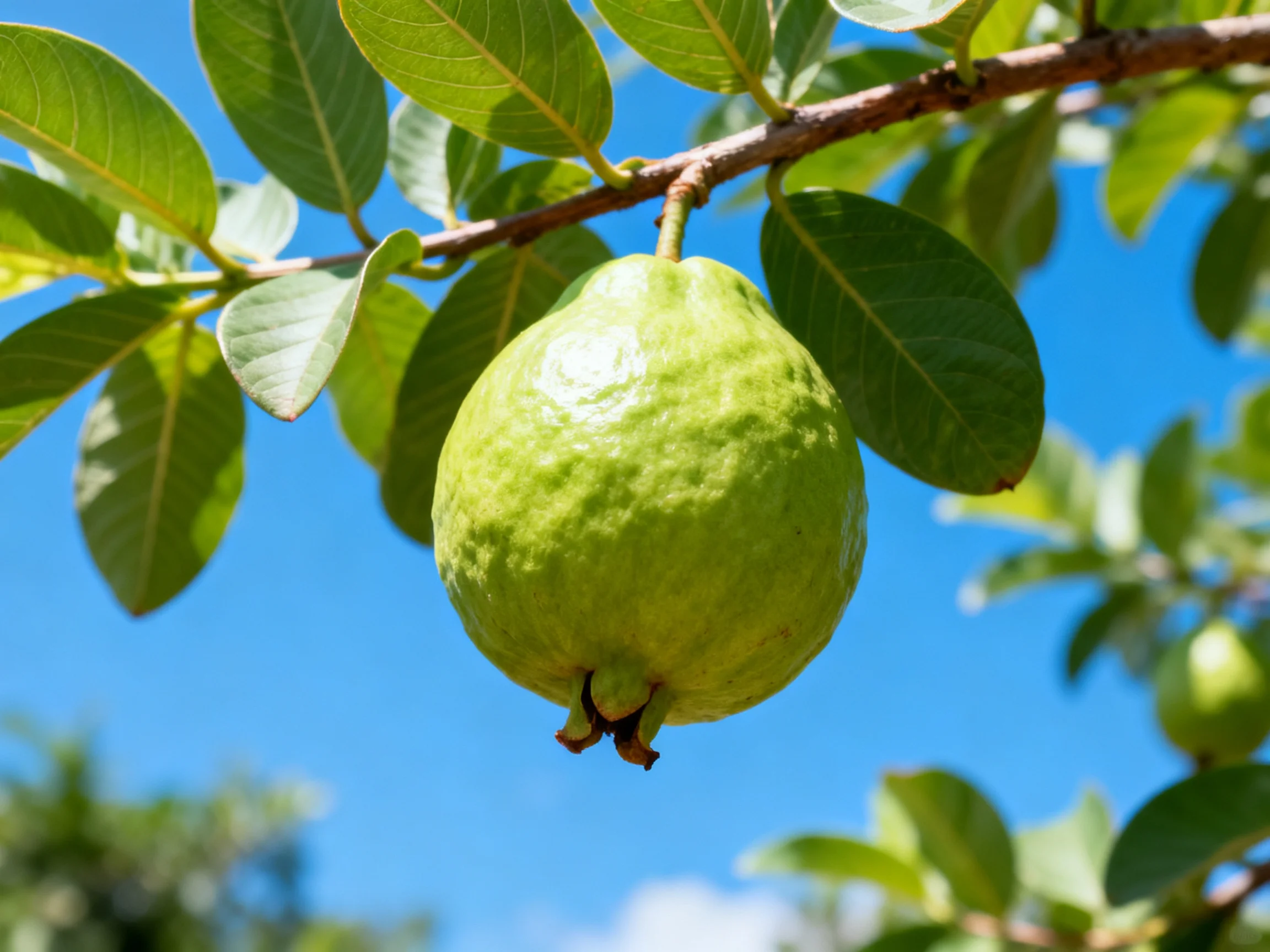 A single green guava hangs from a branch amid vibrant leaves under clear blue sky