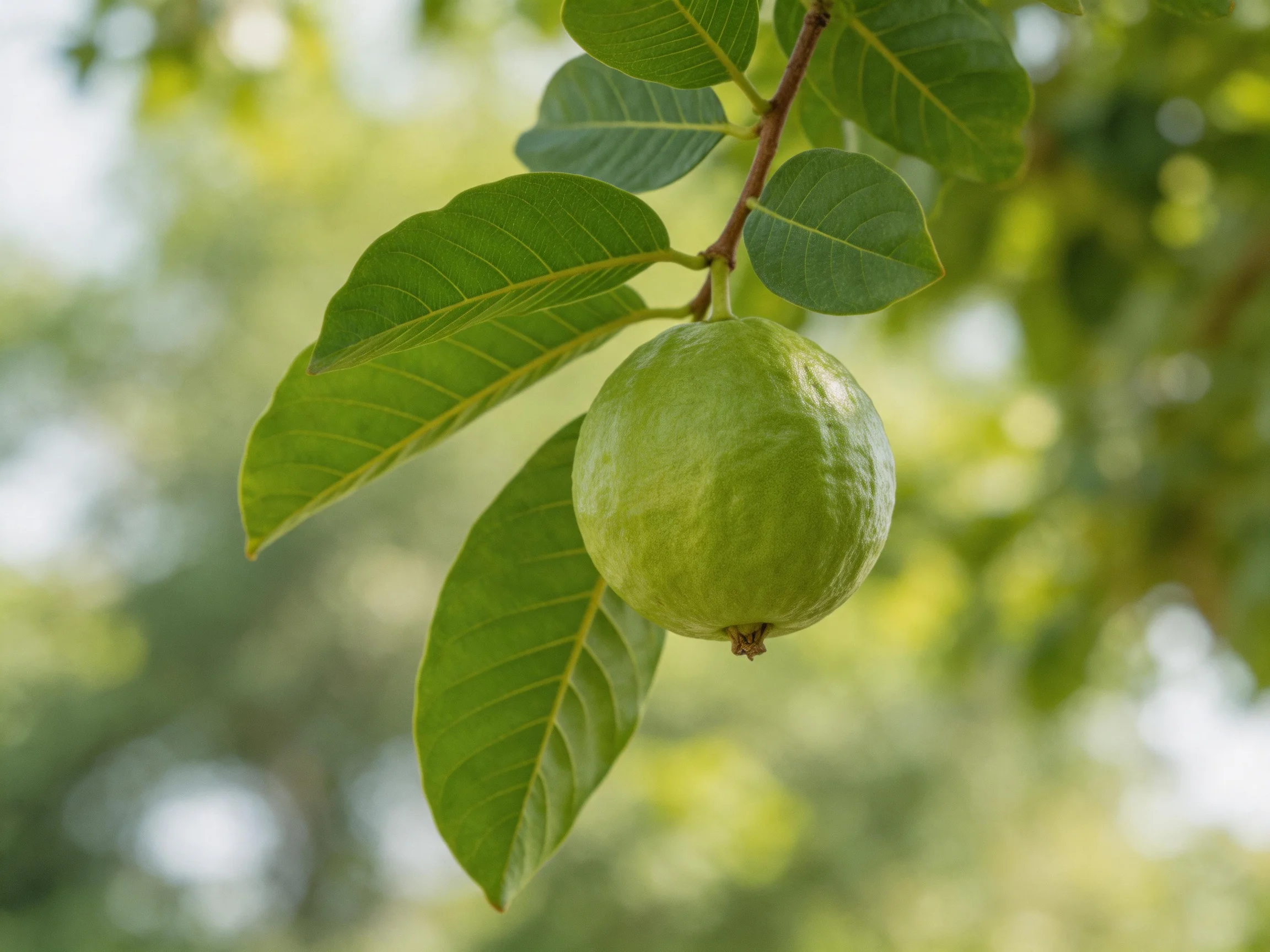 A single green guava hangs from a branch with broad leaves