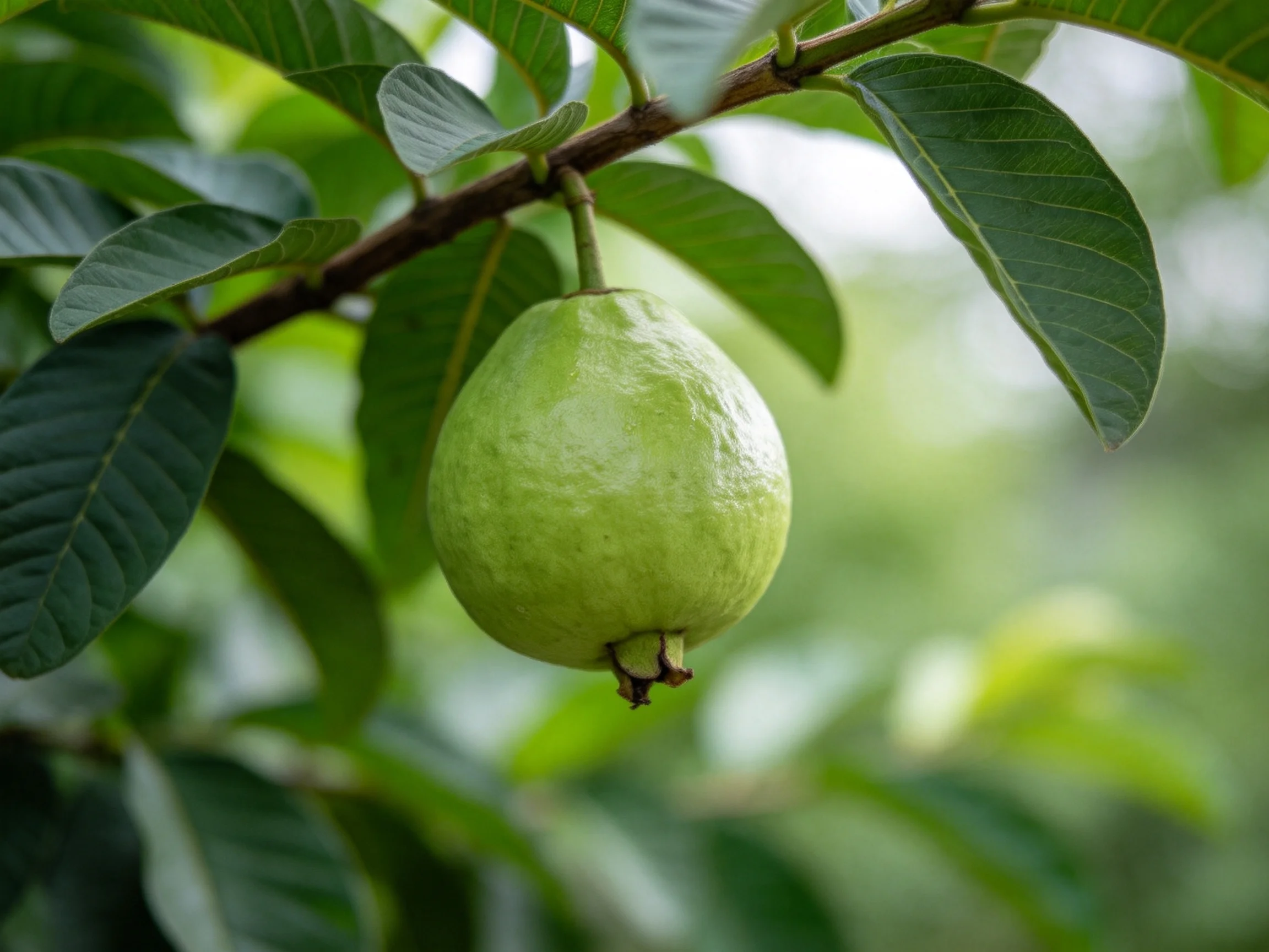 A single green guava hangs from a leafy branch amid broad green leaves