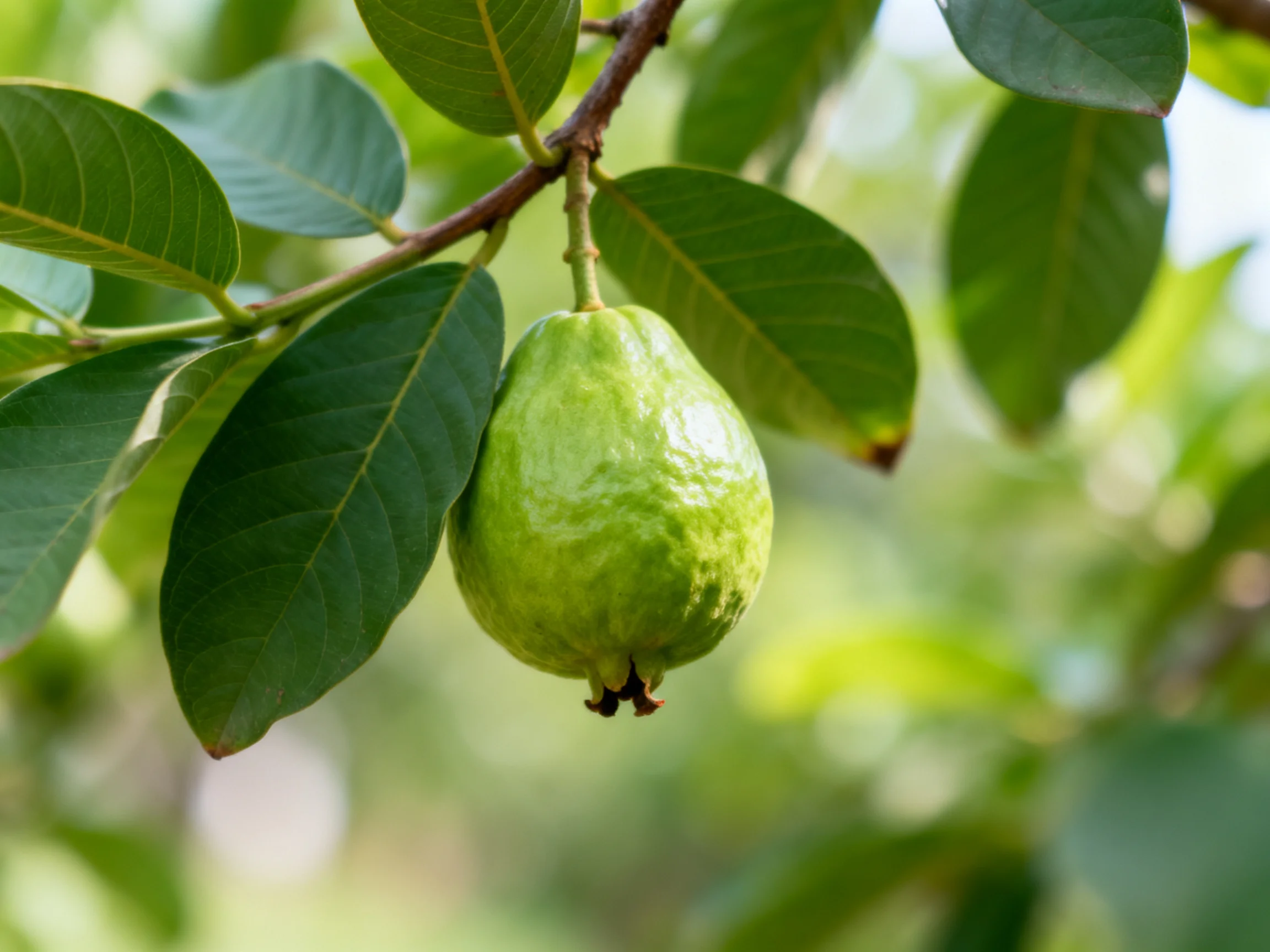A single green guava hangs from a leafy branch amid lush foliage