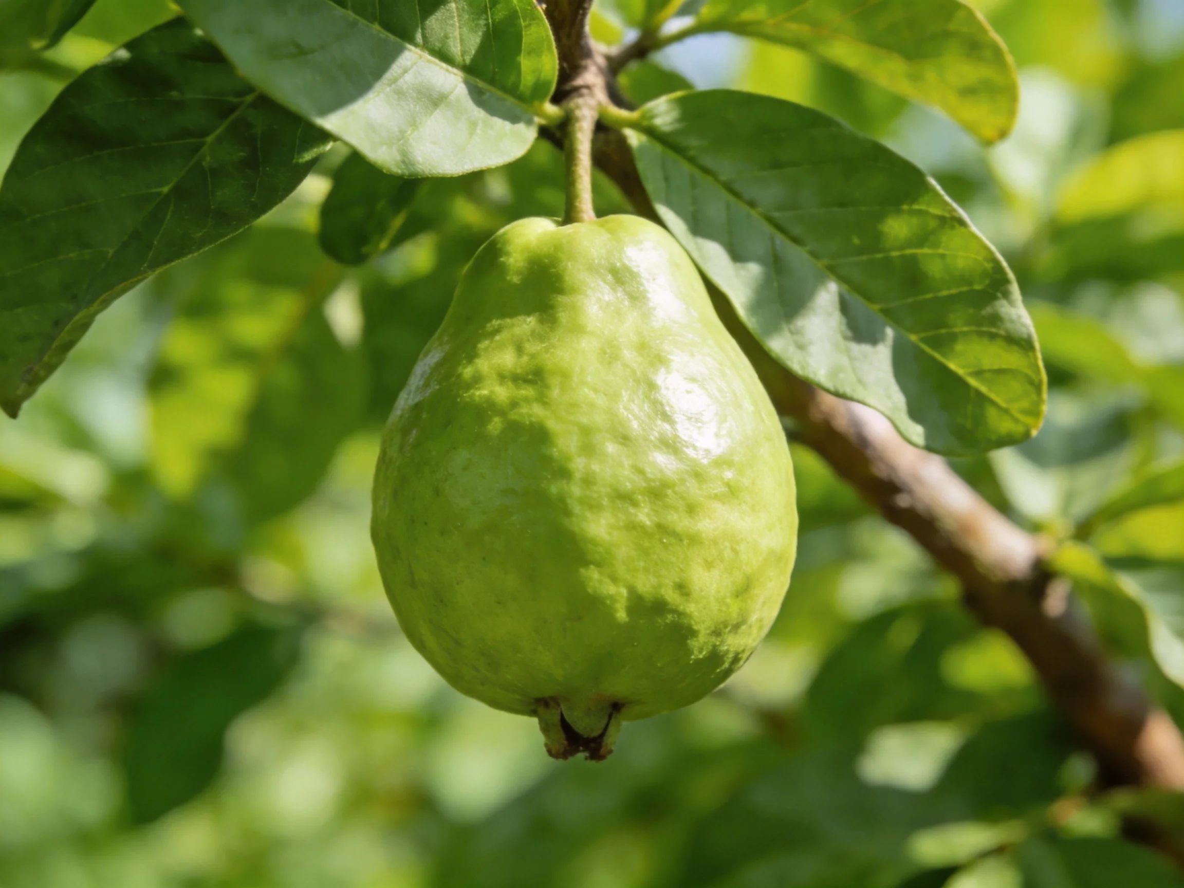 A single green guava hangs from a leafy tree branch