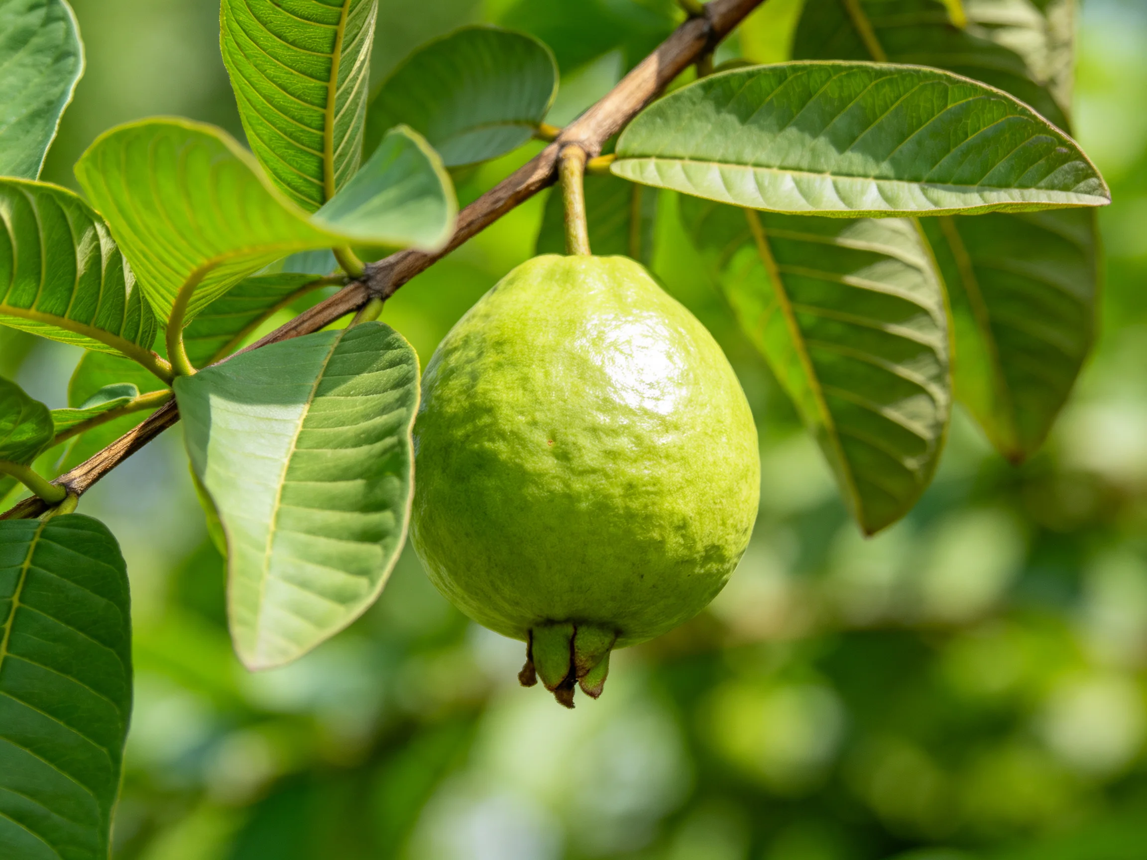 A single green guava hangs from a leafy tree branch