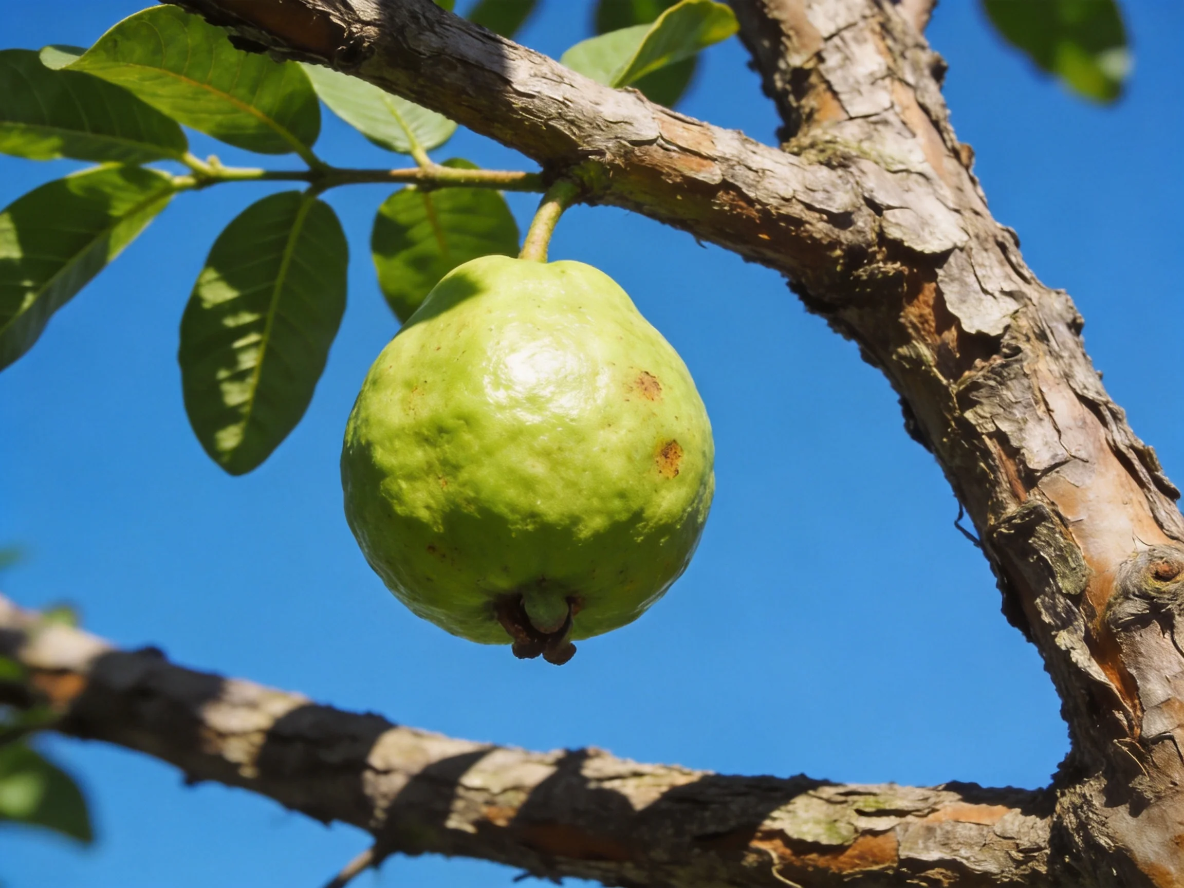 A single green guava hangs from a textured tree branch