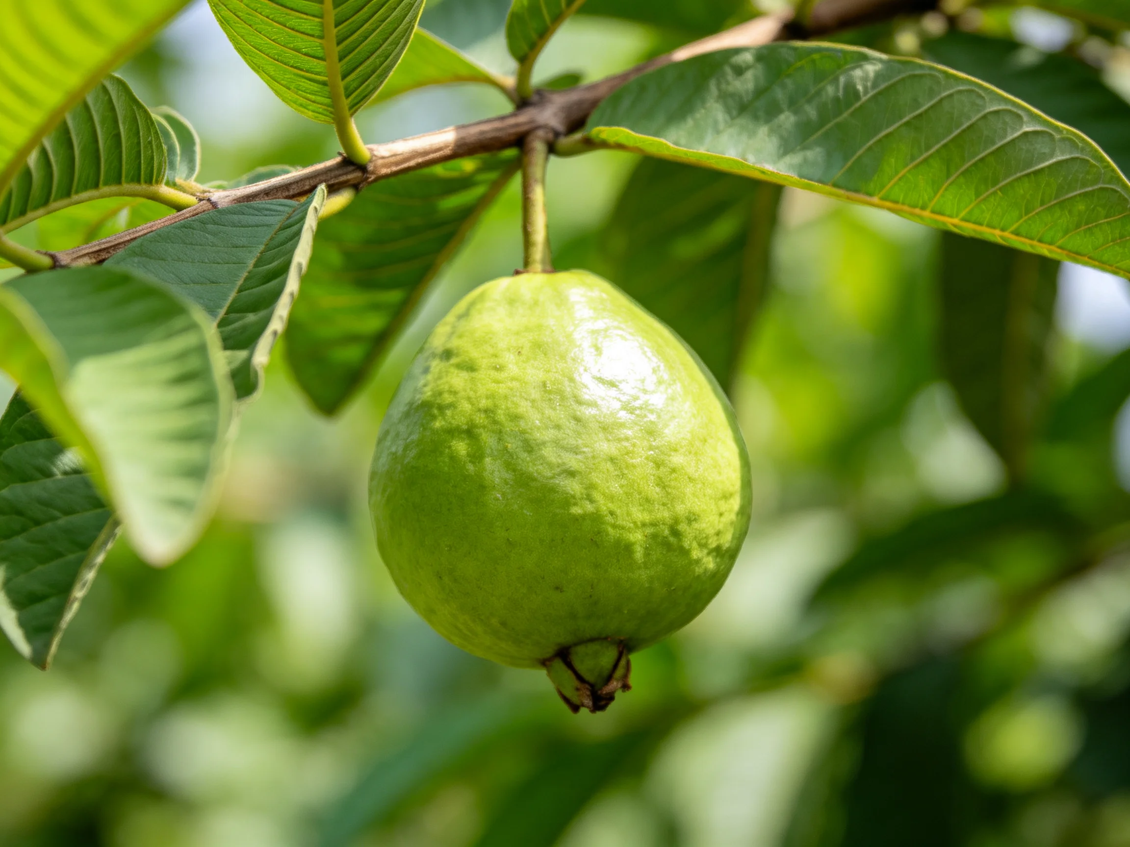 A single green guava hangs from a tree branch amid lush foliage