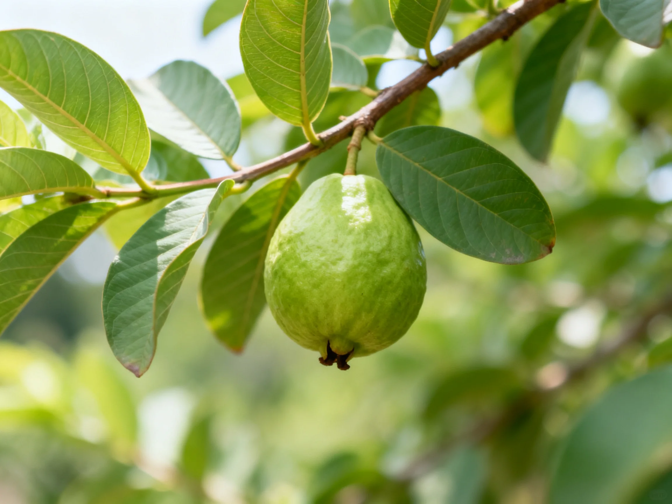 A single green guava hangs from a tree branch amid lush foliage.