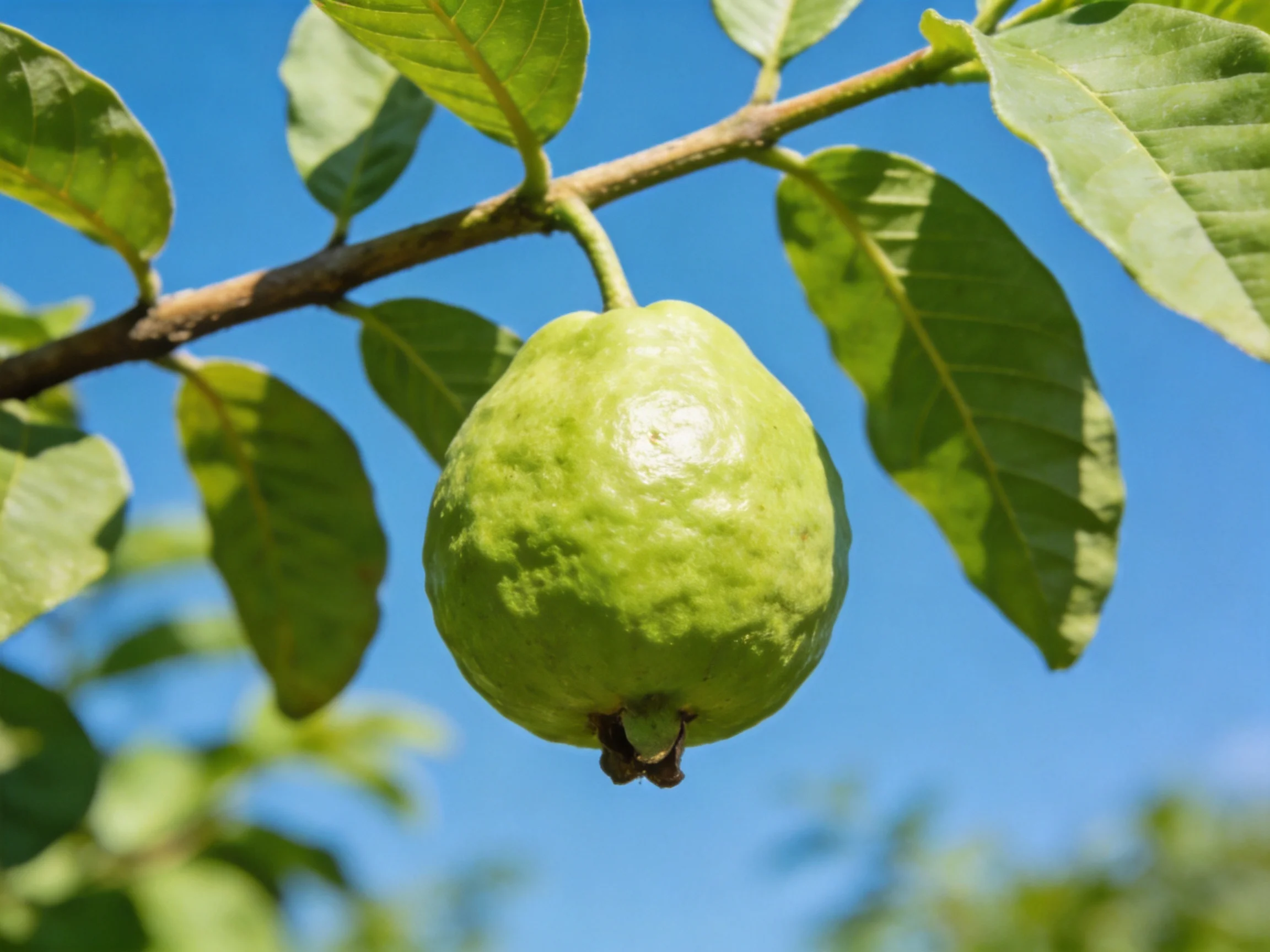 A single green guava hangs from a tree branch amid lush leaves