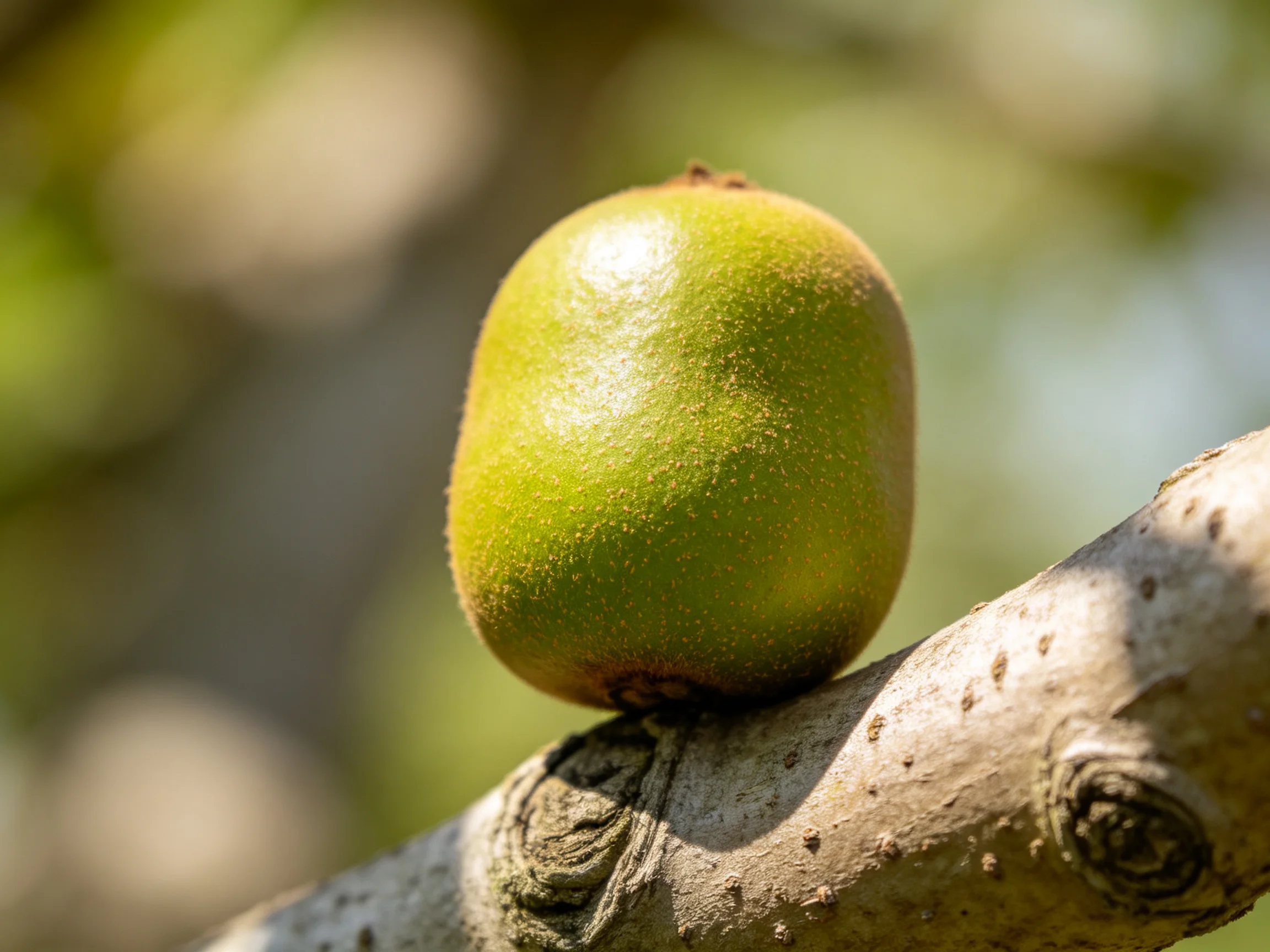 A single green kiwi rests on a gnarled tree branch