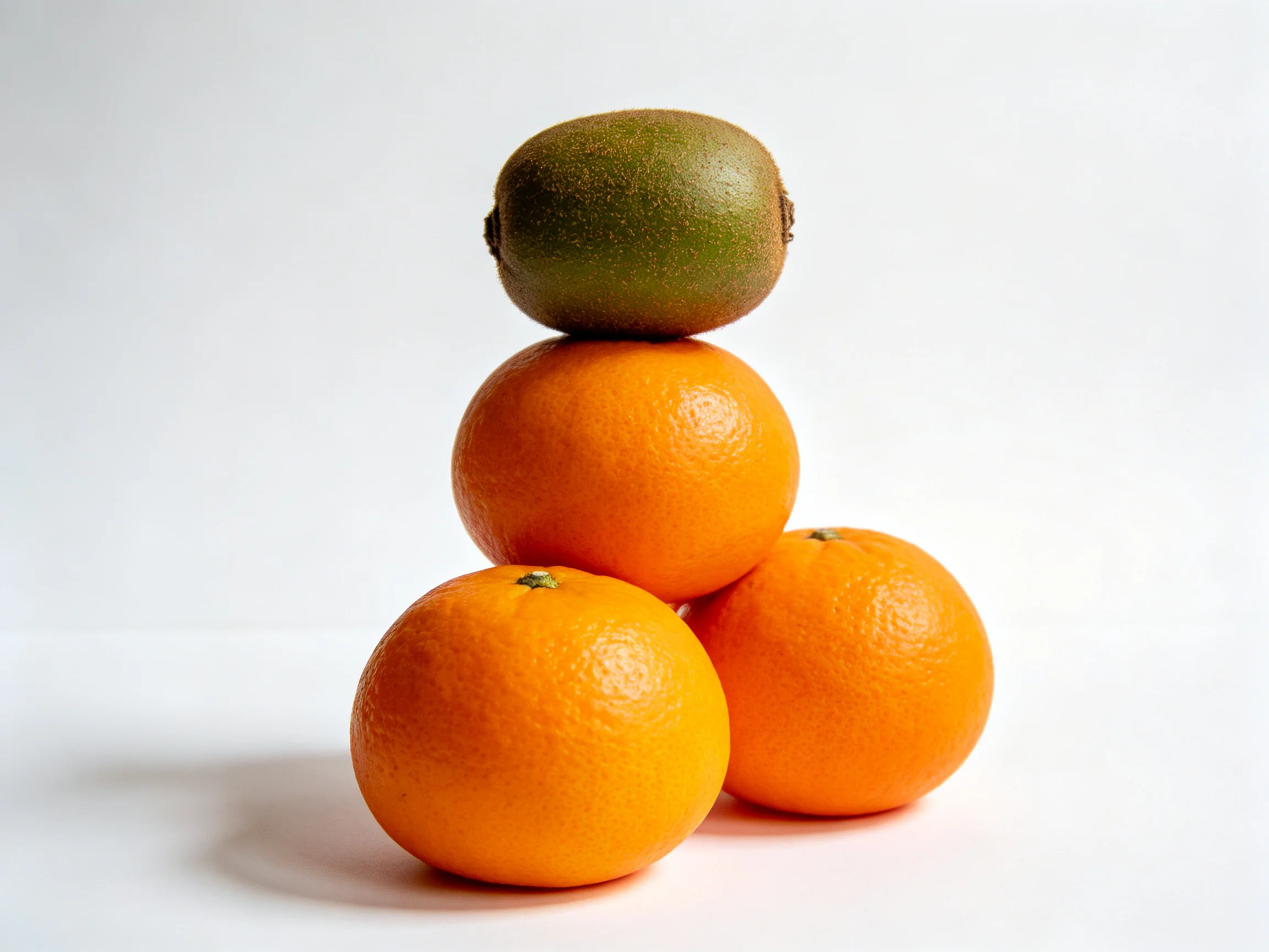 A single green kiwi stacked atop three bright orange fruits