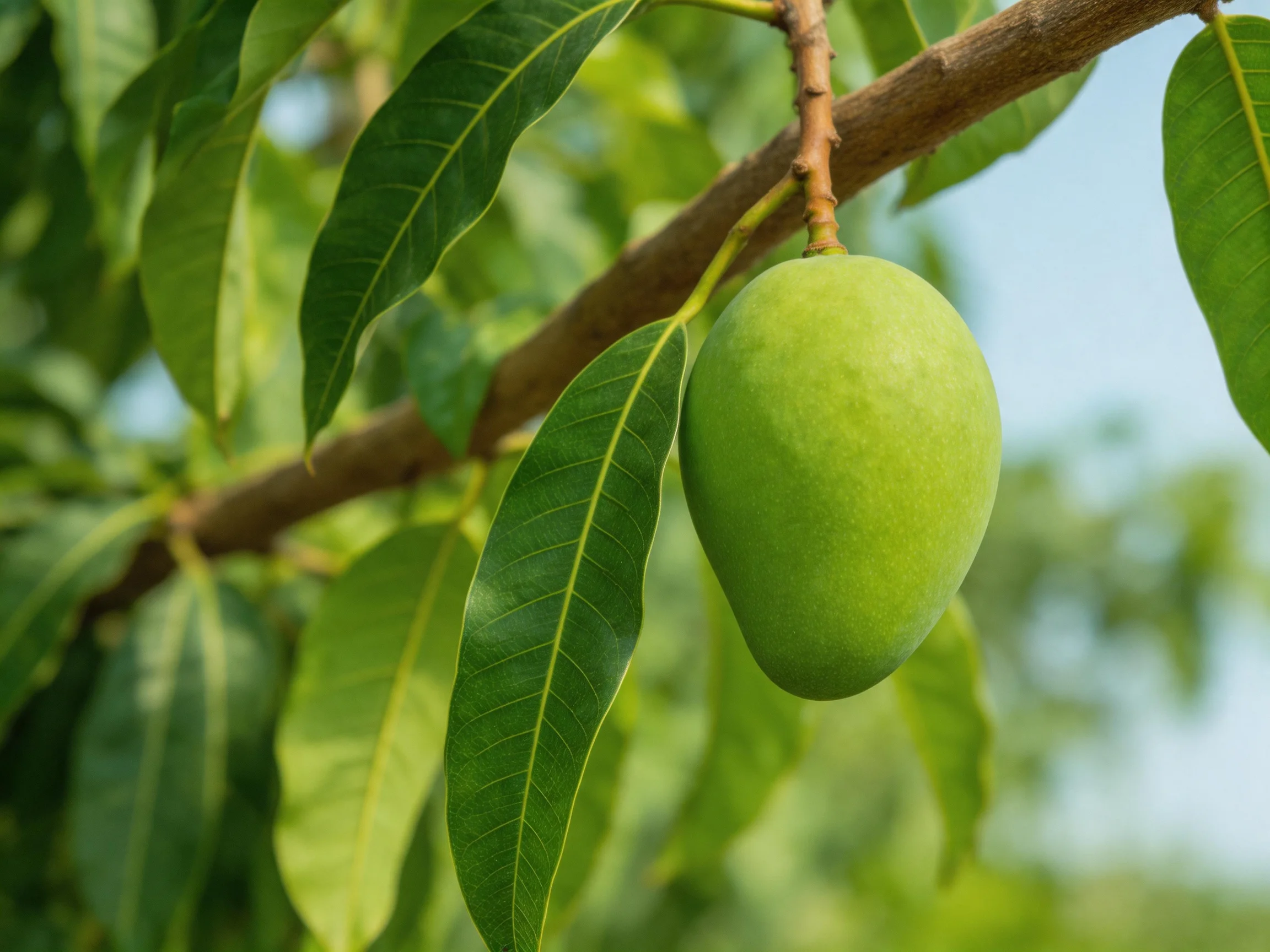 A single green mango hangs from a brown tree branch with broad leaves