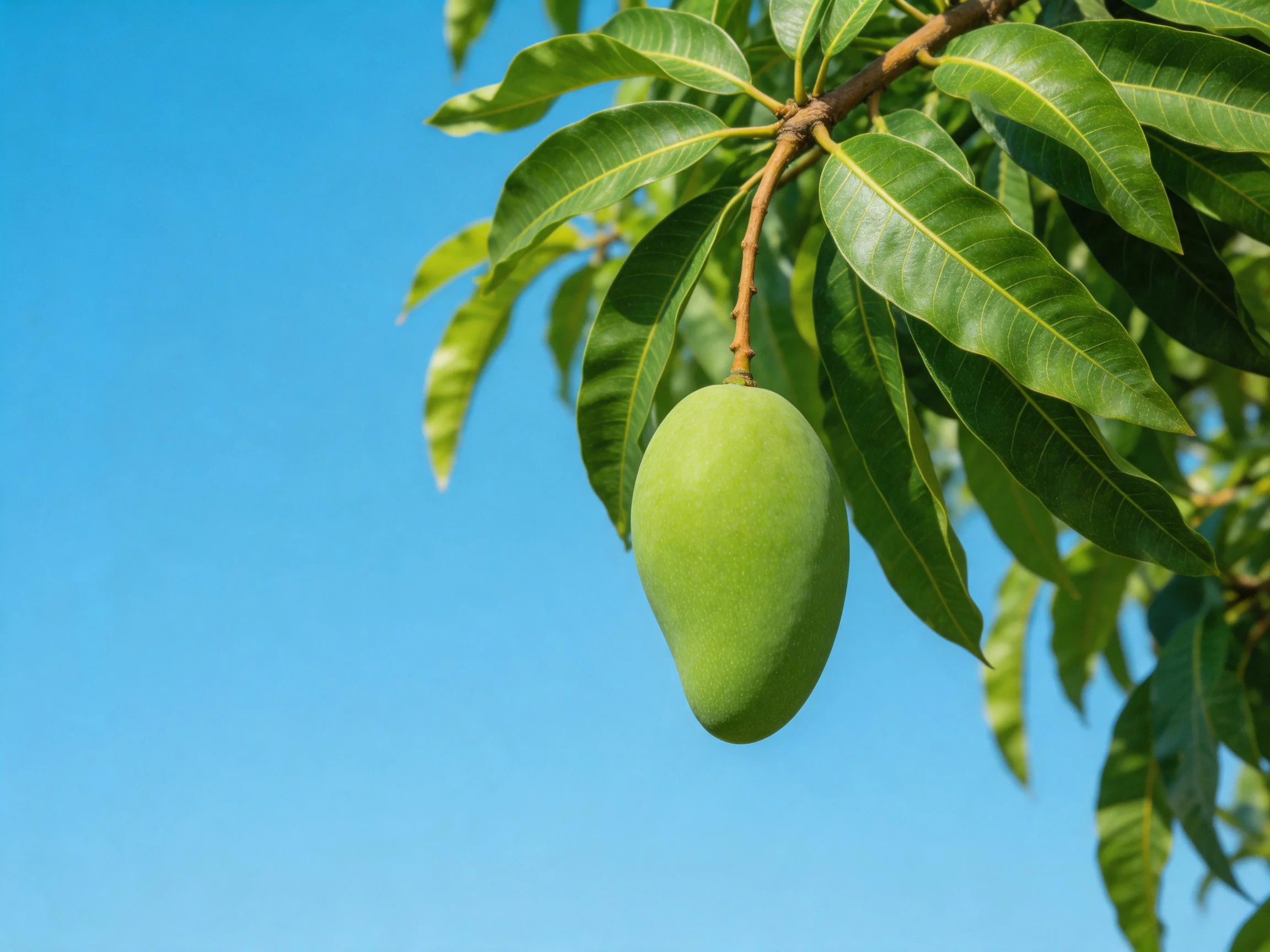 A single green mango hangs from a leafy branch against a clear blue sky