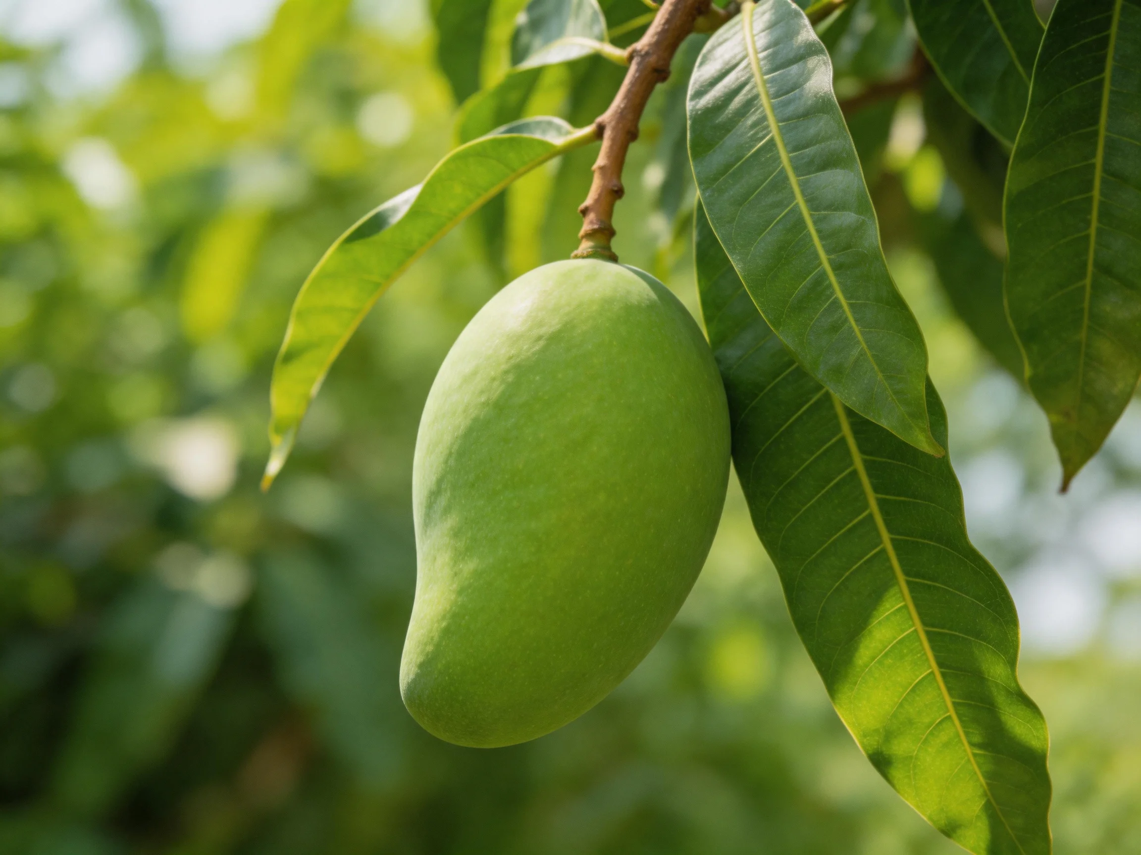 A single green mango hangs from a tree branch amid large leaves