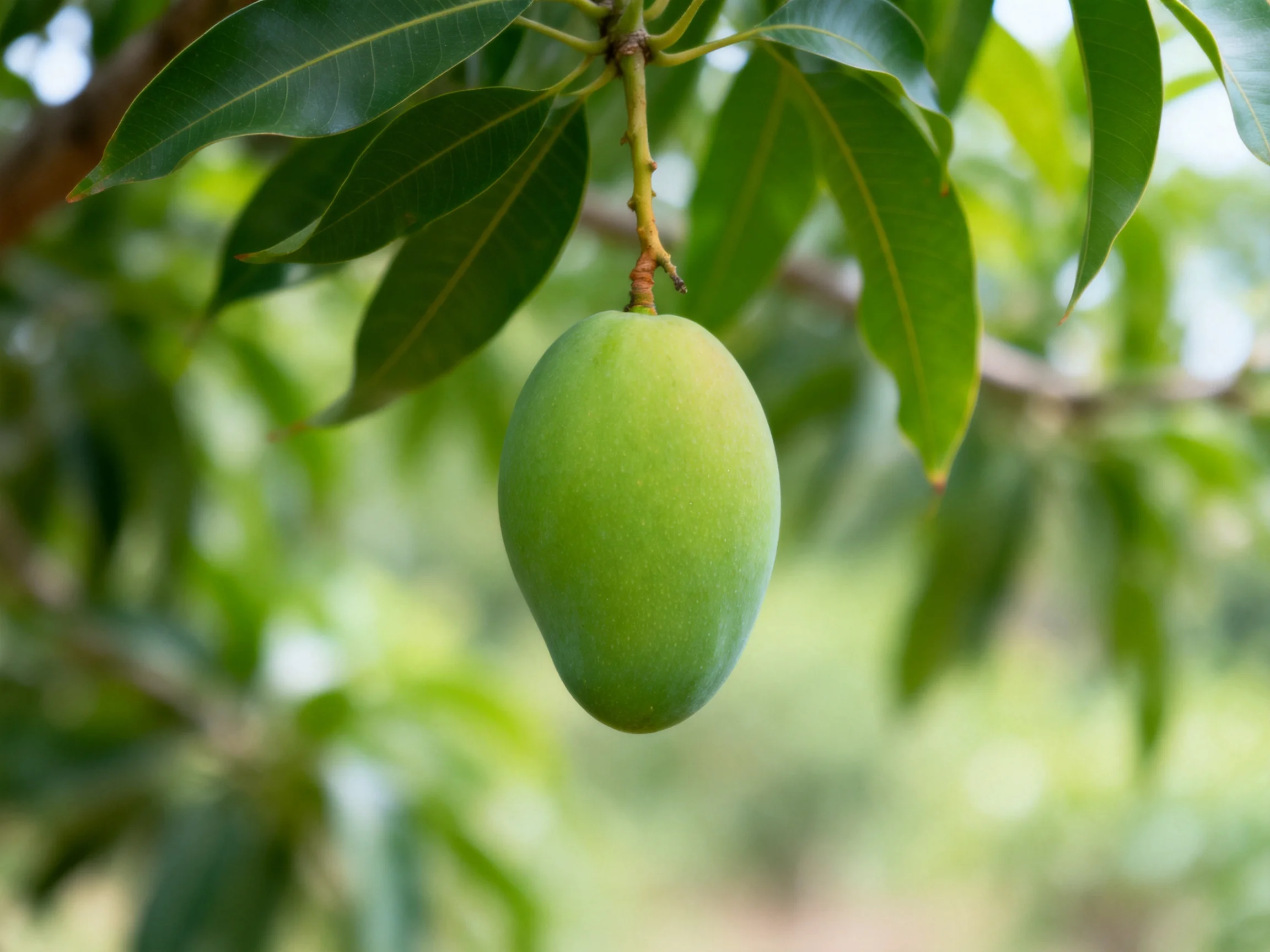 A single green mango hangs from a tree branch among lush leaves