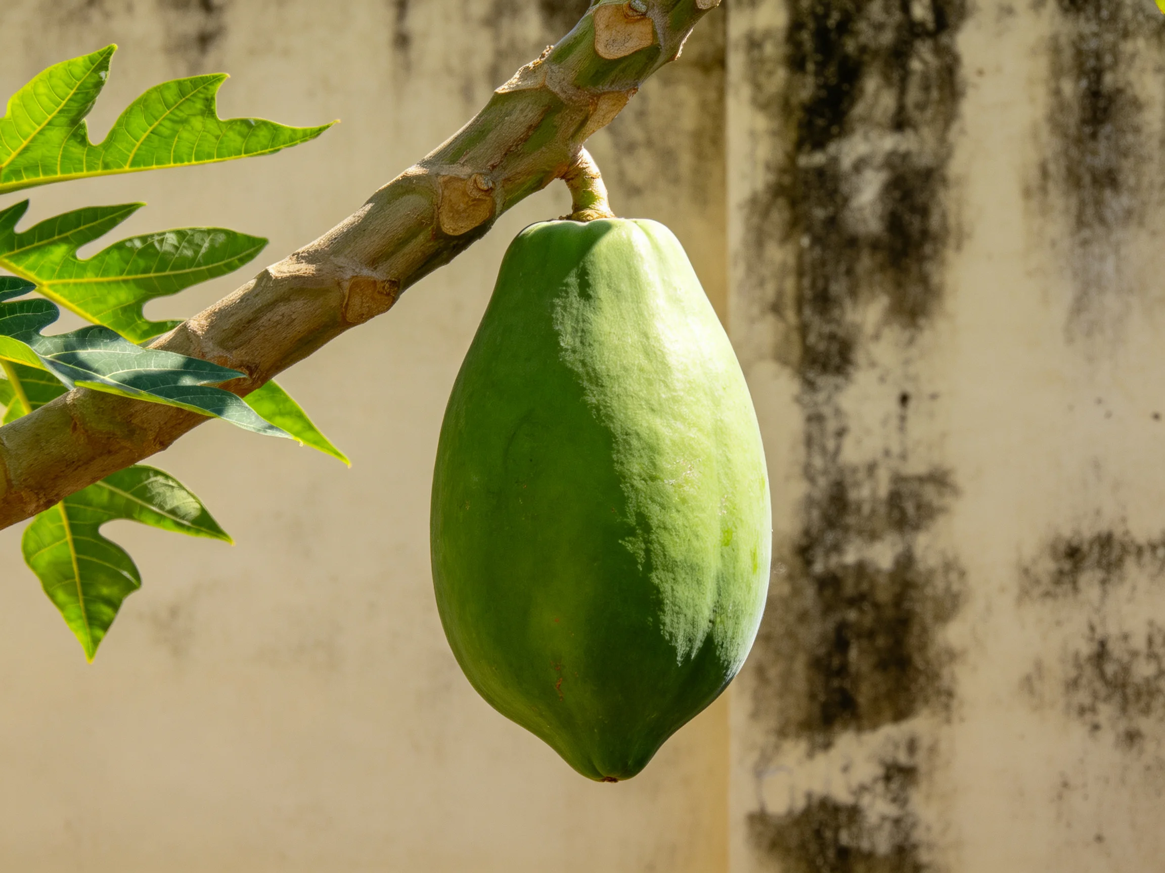 A single green papaya hangs from a tree branch near a weathered wall