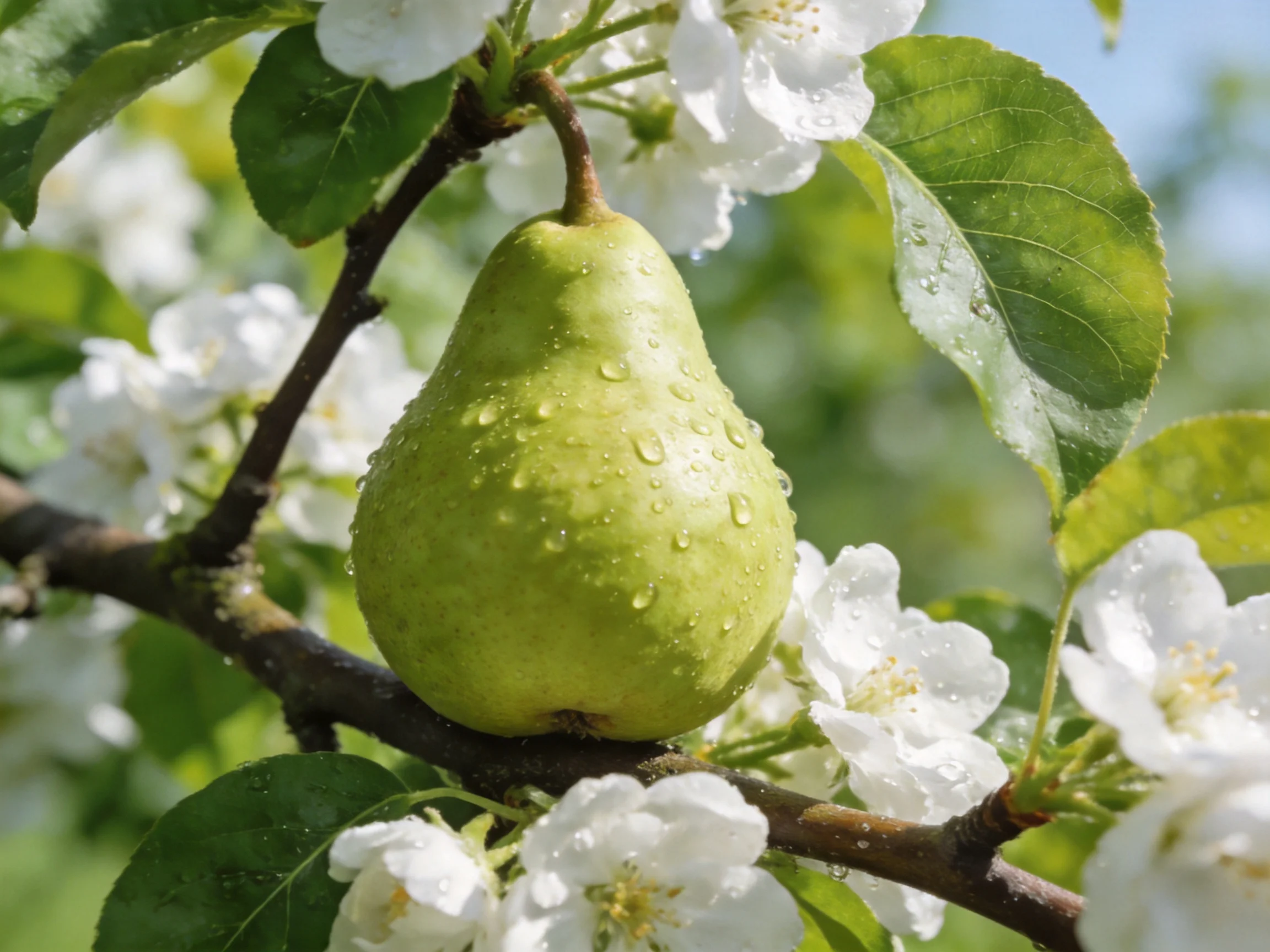 A single green pear with water droplets amid white blossoms