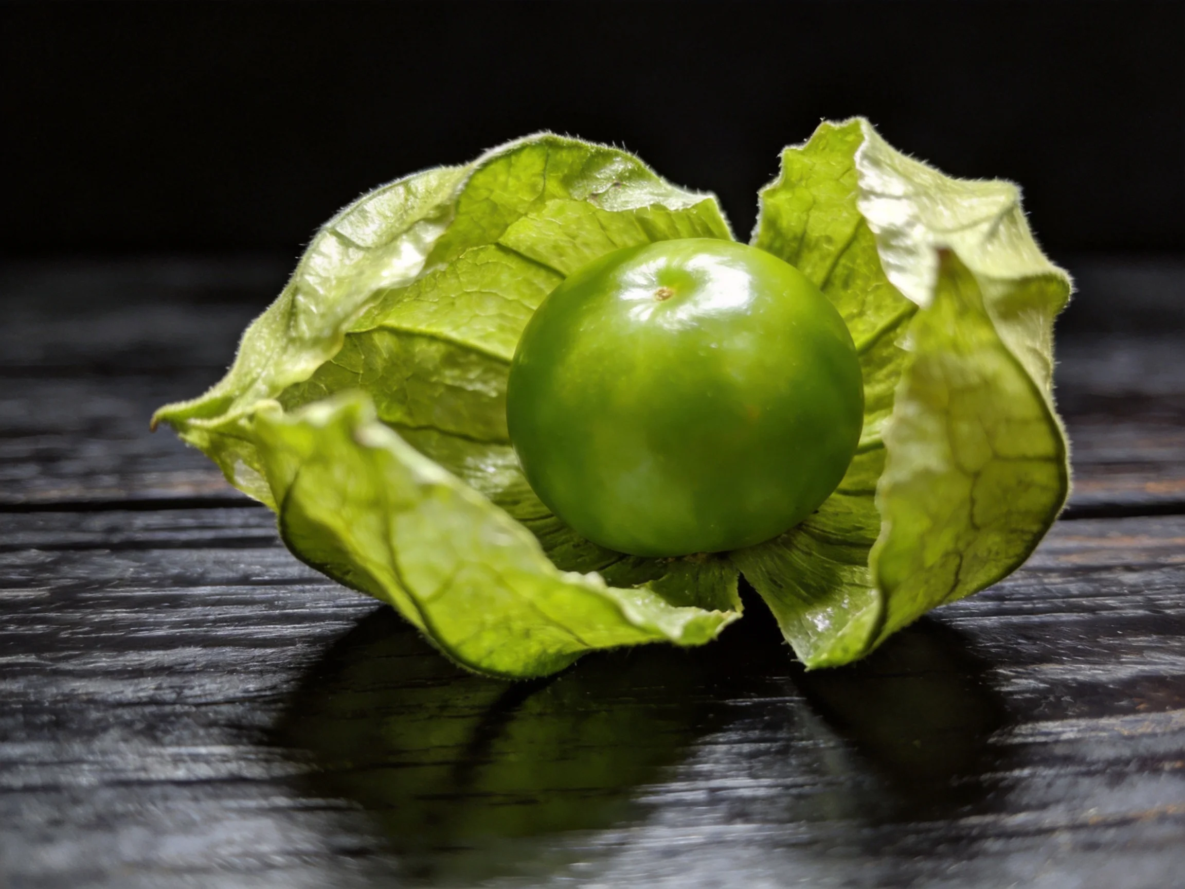 A single green round fruit nestled inside a delicate green papery husk