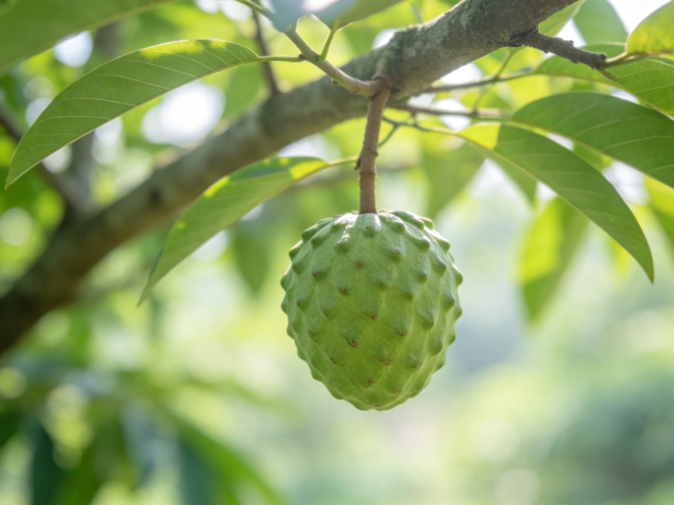 A single green spiky fruit hangs from a leafy tree branch