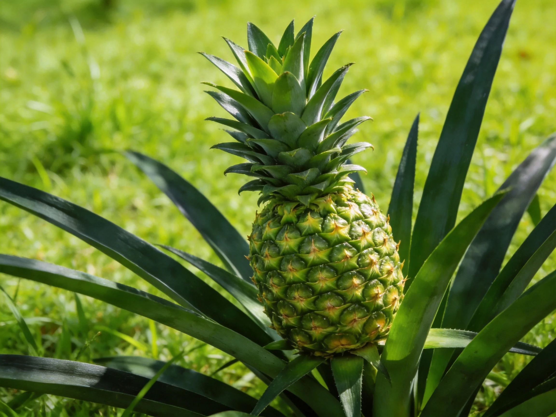 A single green-yellow pineapple with spiky leaves on lush grass