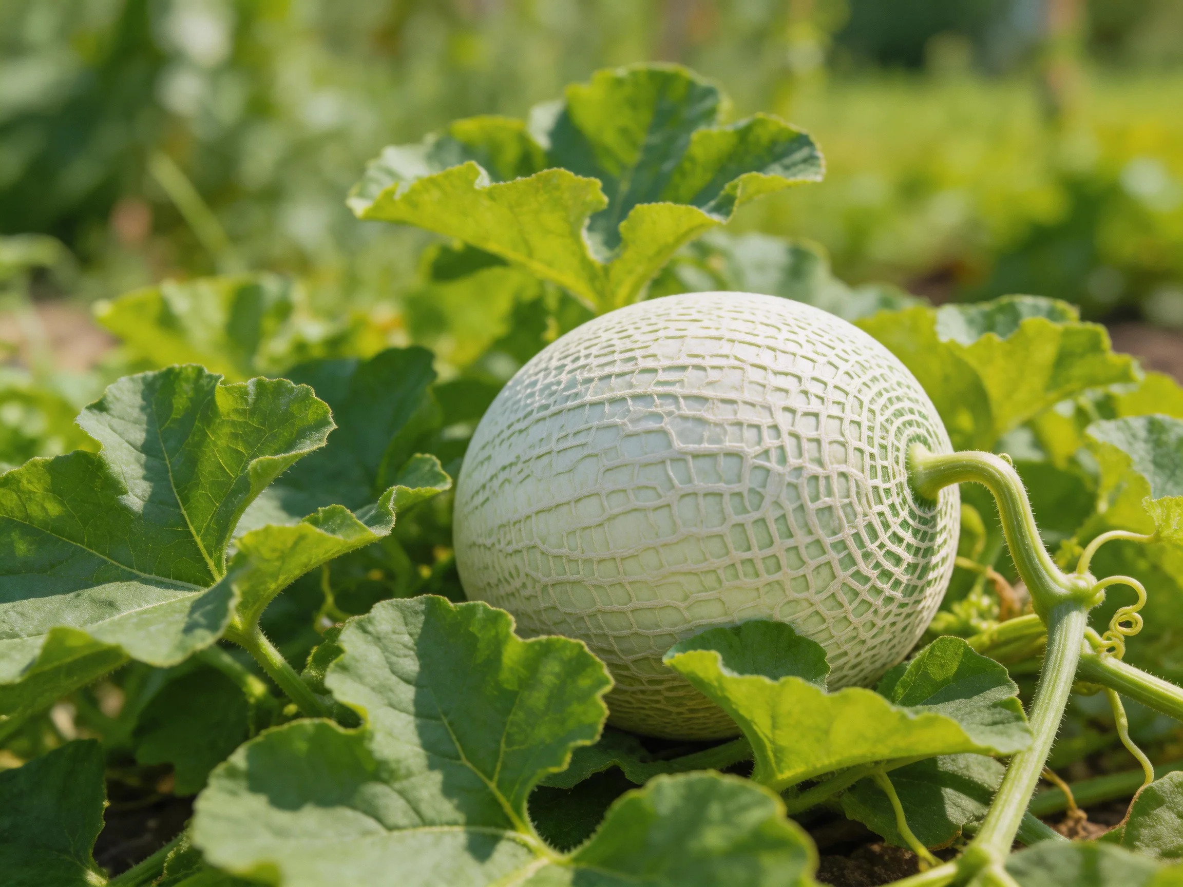 A single honeydew melon with a netted rind grows among lush green foliage